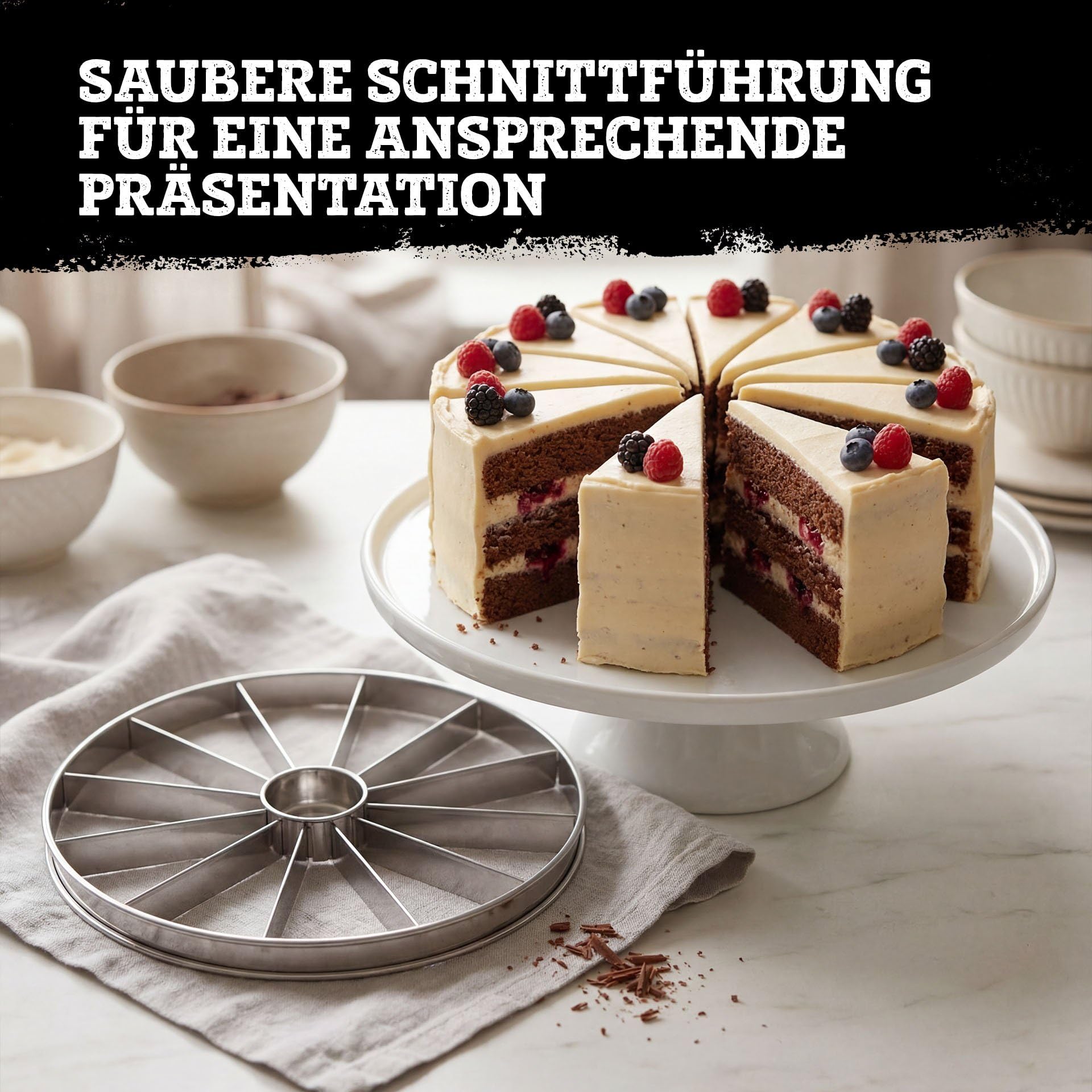 FMprofessional Tortenteiler aus Edelstahl – Tortenschneider für 12 gleichgroße Stücke, rostfreier Kuchenportionierer für Torten und Kuchen, spülmaschinengeeigneter Kuchenteiler
