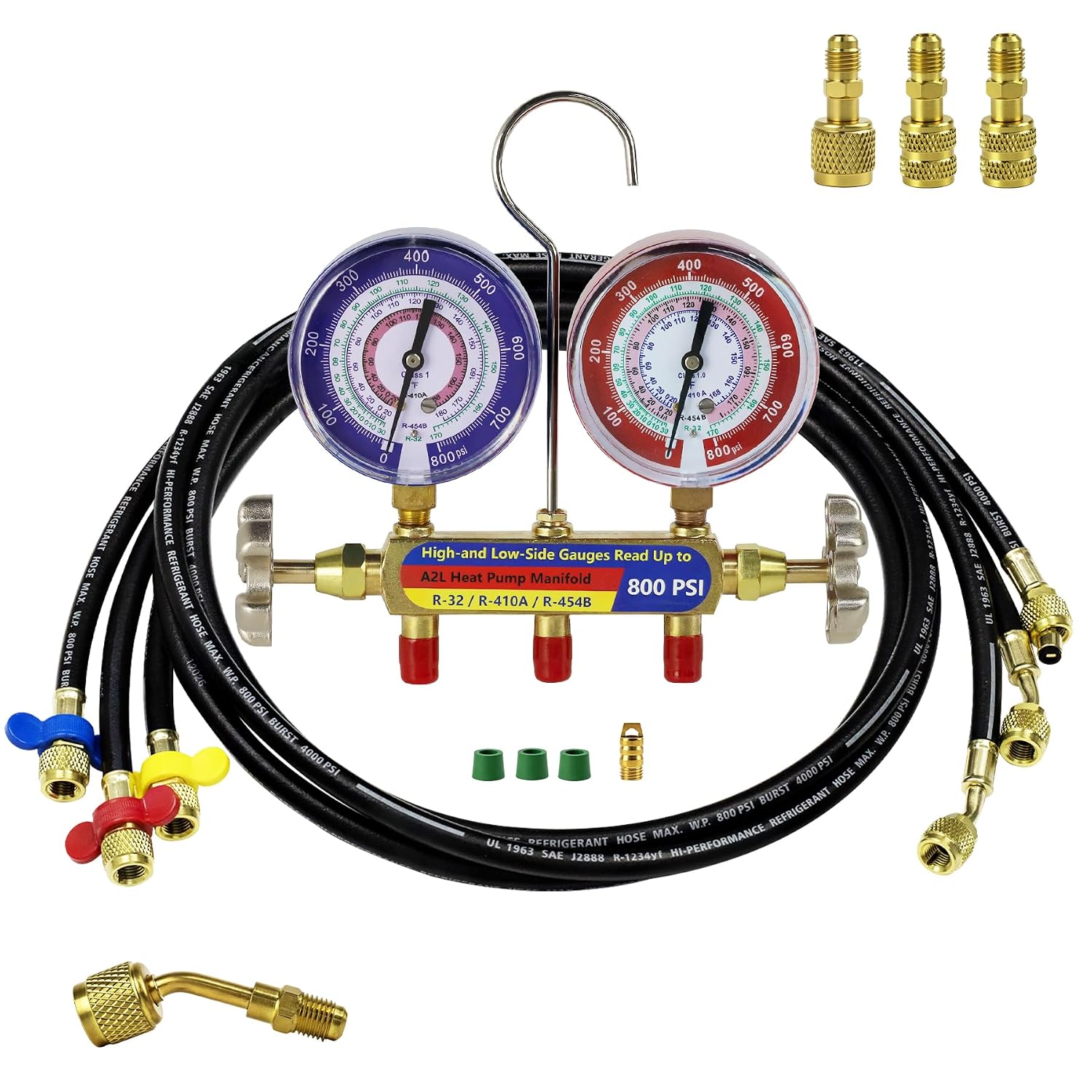 Upgrade A2L Heat Pump Manifold with Dual 800 PSI Gauges, 3-1/8" (80 mm) Color-Coded Gauges with 60" Hoses, 2-Valve for R-32/R-454B/R-410A, with 2*R-410A Adapters & 2*Left-Hand Fittings (180° & 45°)