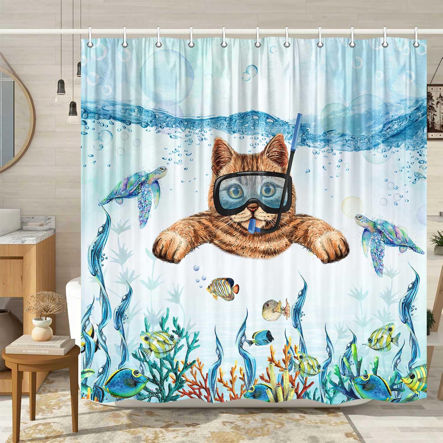Viajar Cat Shower Curtain, Teal Sea Ocean Shower Curtain Sea Animal Octopus Starfish Turtle Shower Curtains Fish Nautical Bath Curtain Set with Hooks