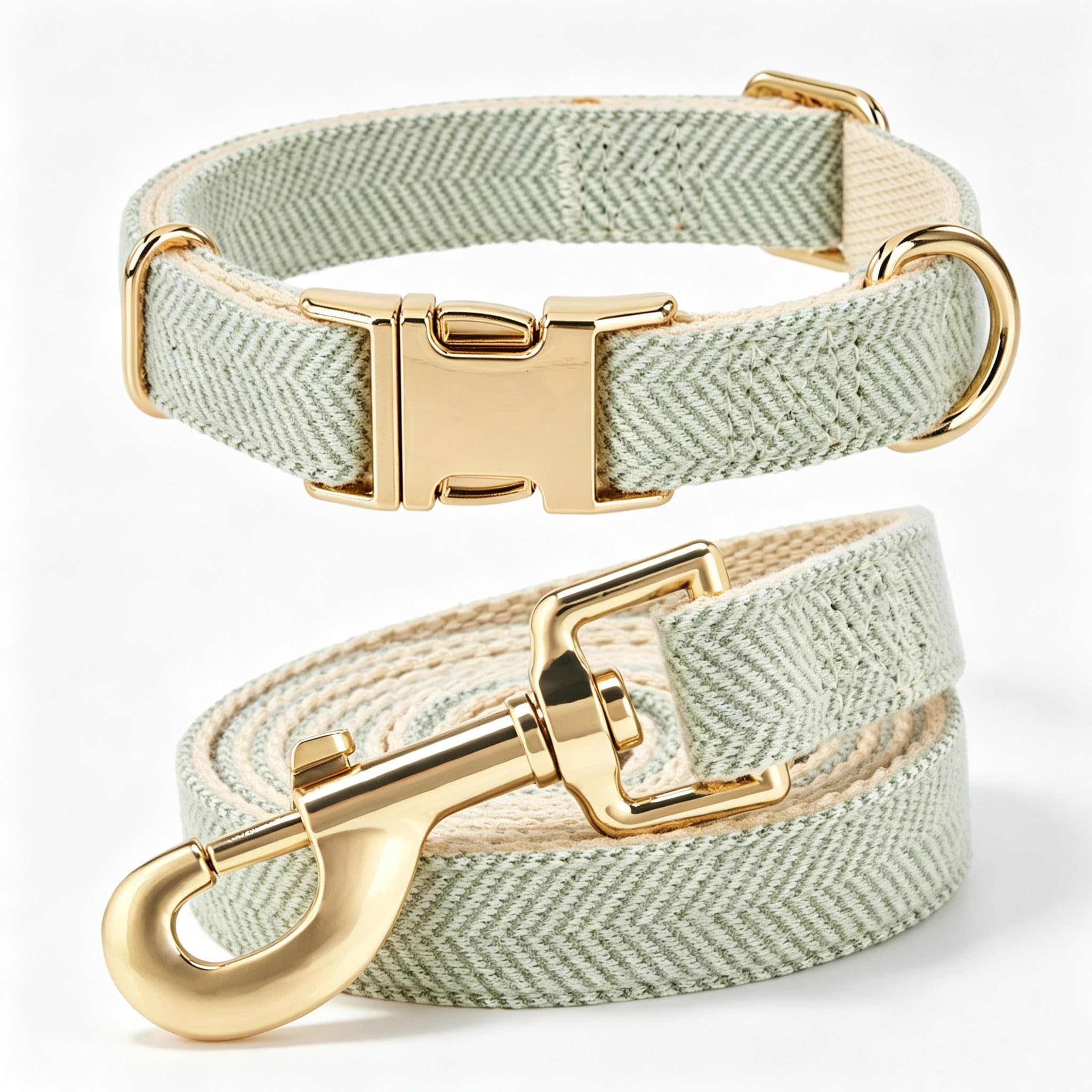 YUDOTE Mint Green Herringbone Dog Collar & Lead Set Gold Hardware S