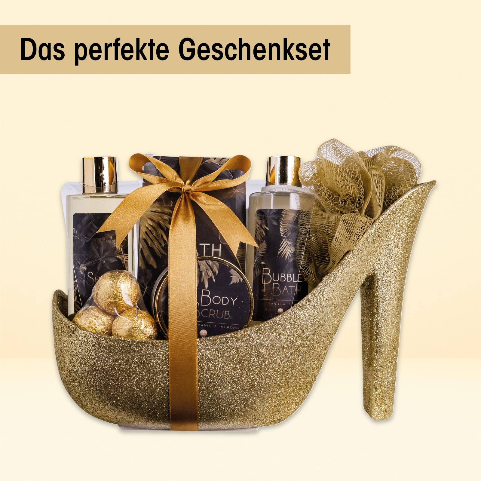 accentra Luxury Bath Set Gift Set w pięknych złotych brokatowych pompkach, 9-częściowy luksusowy zestaw pielęgnacyjny zestaw pod prysznic - dla relaksującego doświadczenia SPA