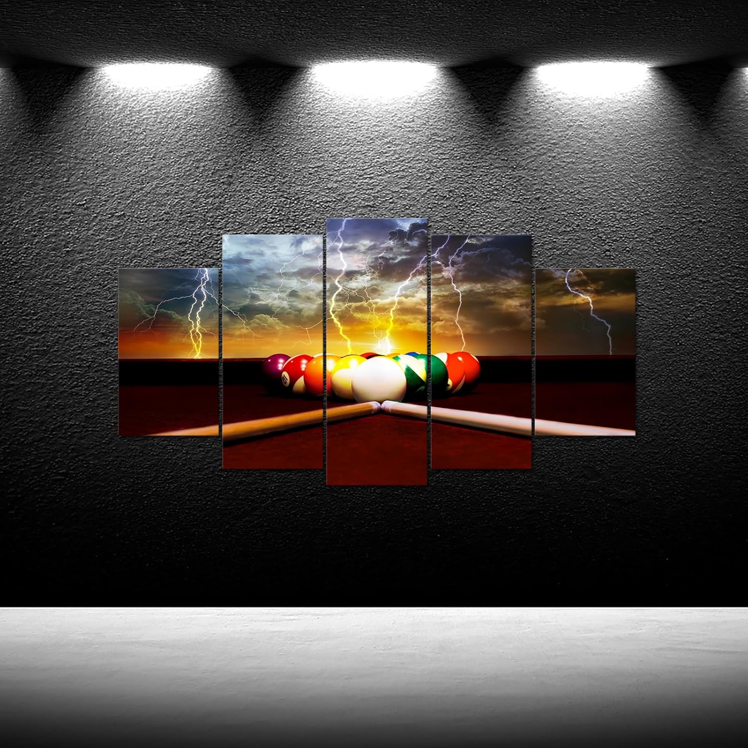 iKNOW FOTO 5 Panel Billiard Wall Art Lightning Pool Balls and Cues Canvas Prints 60x32 Inch Modern Game Room Decor Stretched and Framed Artwork for Bar Club Lounge Wall Decoration Ready to Hang