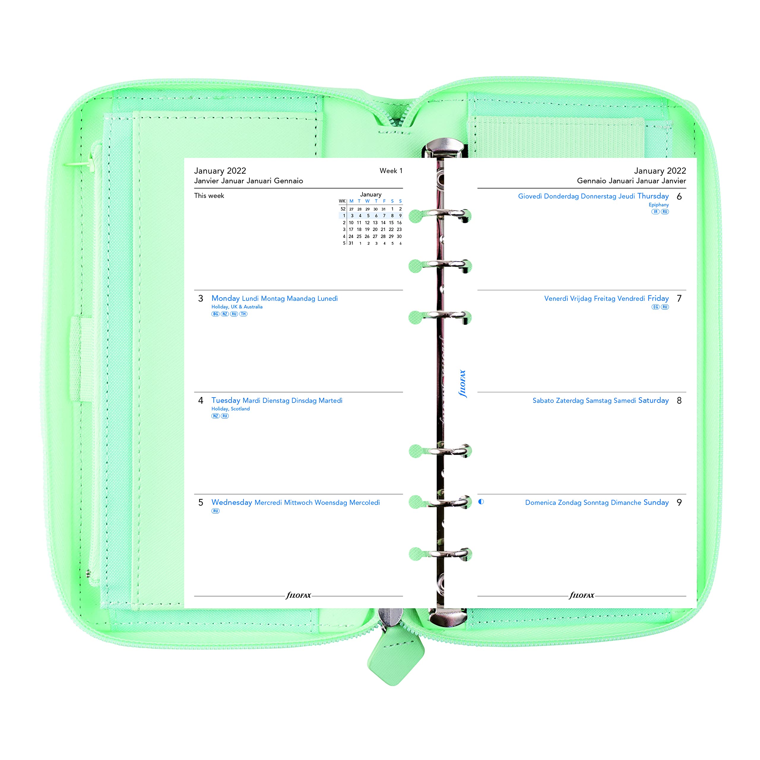 Filofax Agenda settimanale 2022 in Saffiano con cerniera, formato compatto, colore neo, grana incrociata, effetto pelle, 6 anelli, visualizzazione settimanale, multilingue, codice articolo C028811-22