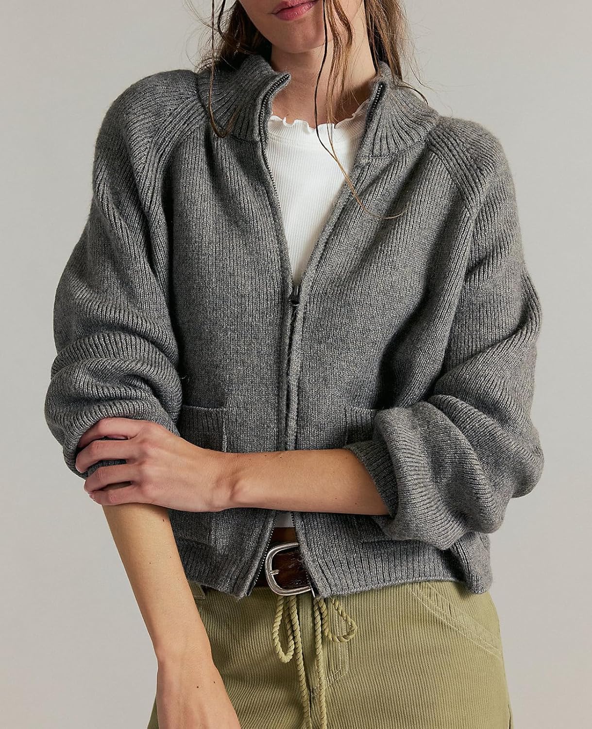 Gnveub Zip Up Sweaters for Women Long Sleeve Chunky Knit Sweater Jackets Cropped Cardigans Outerwear Coats with Pockets - Image 2