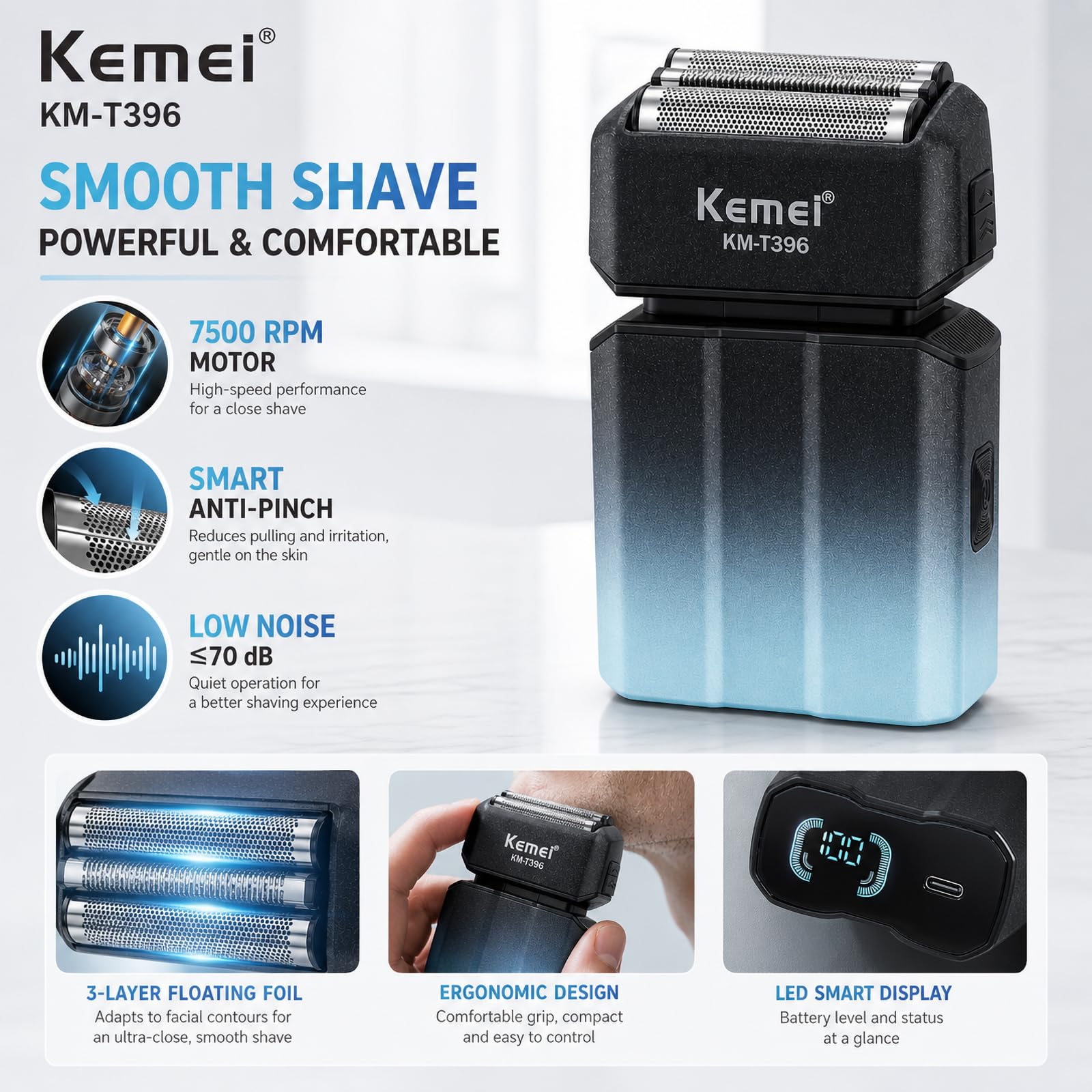 Kemei KM-T396 - Rasoio elettrico da uomo, con 3 lame galleggianti, 7500 giri/min, ricaricabile, senza fili, tipo C, durata 120 minuti, display a LED, blocco da viaggio, blu