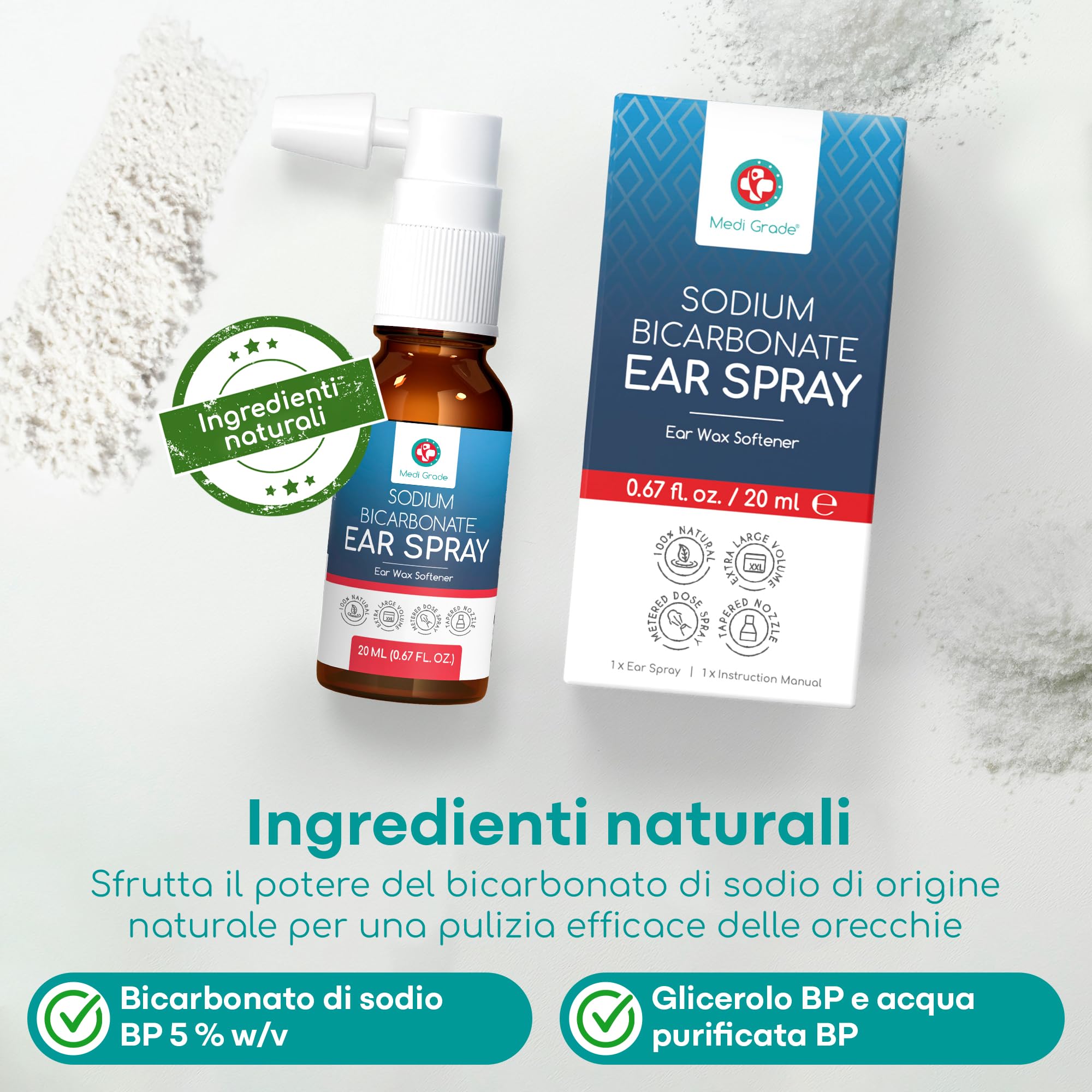 Medi Grade Spray Auricolare per Rimozione del Cerume – Pulizia Orecchie con Bicarbonato di Sodio Naturale per Orecchie Bloccate – 20ml con oltre 50 Spruzzi per Applicazione Facile e Cura Delicata