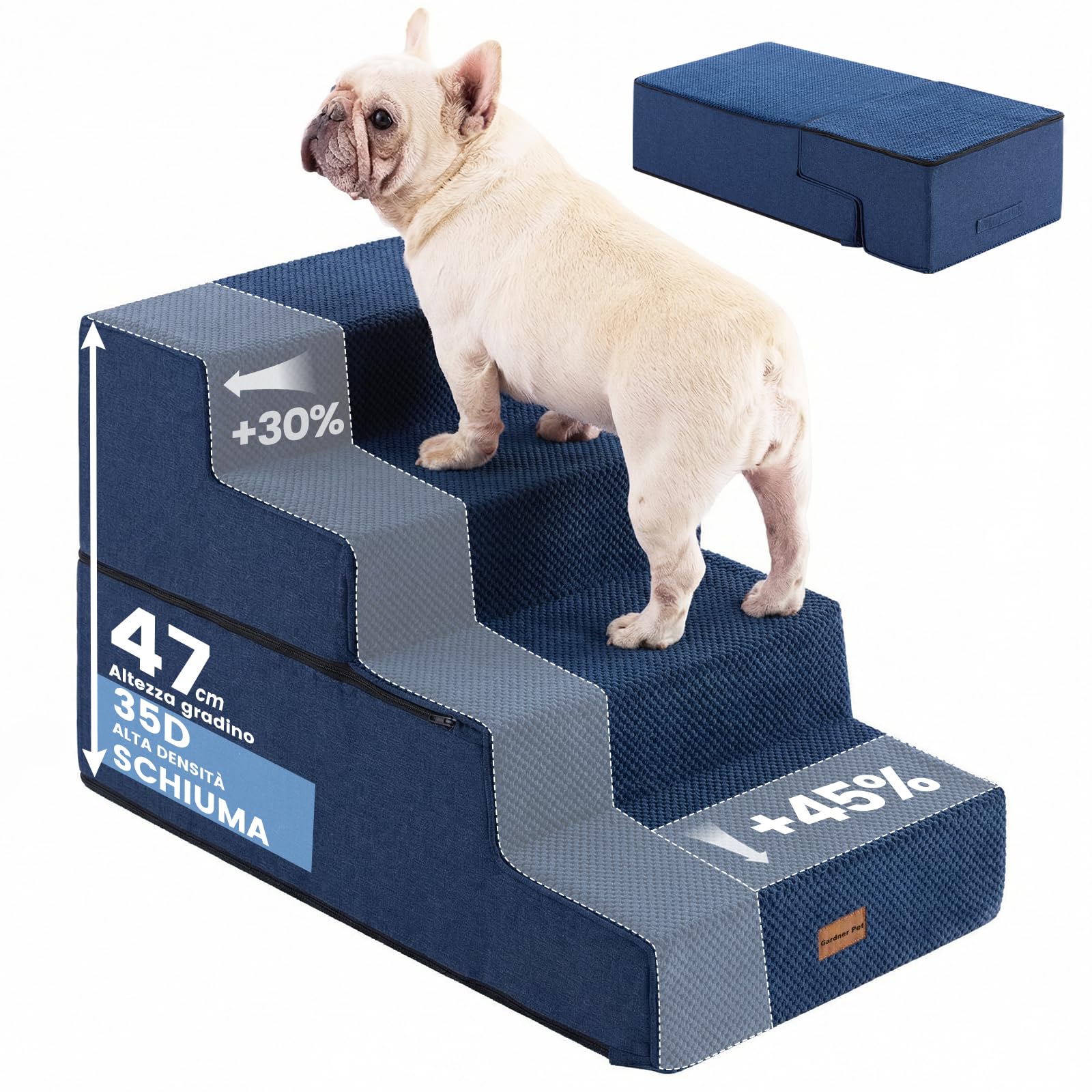 Gardner Pet Scala per Cani Piccola, Scala per Animali Domestici a 4 Gradini, Rampe in Schiuma ad Alta Densità con Rivestimento Impermeabile e Antiscivolo, per Letto, Divano, Poltrona e Auto, Blu