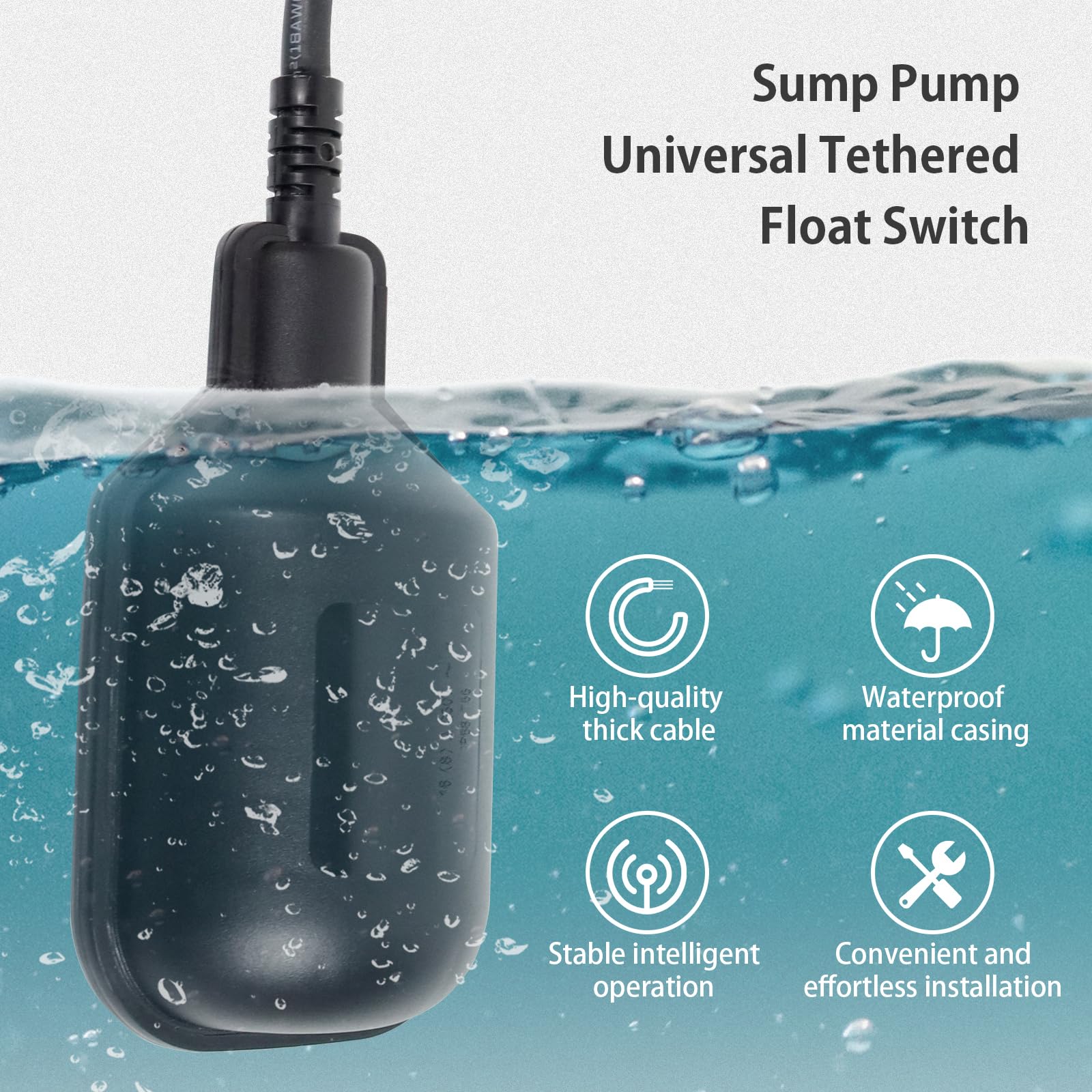 WASSERMANN Interruptor flotante universal para bomba de sumidero con cable de 10 pies (enchufe Piggyback), CA 115 V/230 V, 16 amperios, interruptor de flotador para tanques de agua, bomba de sumidero