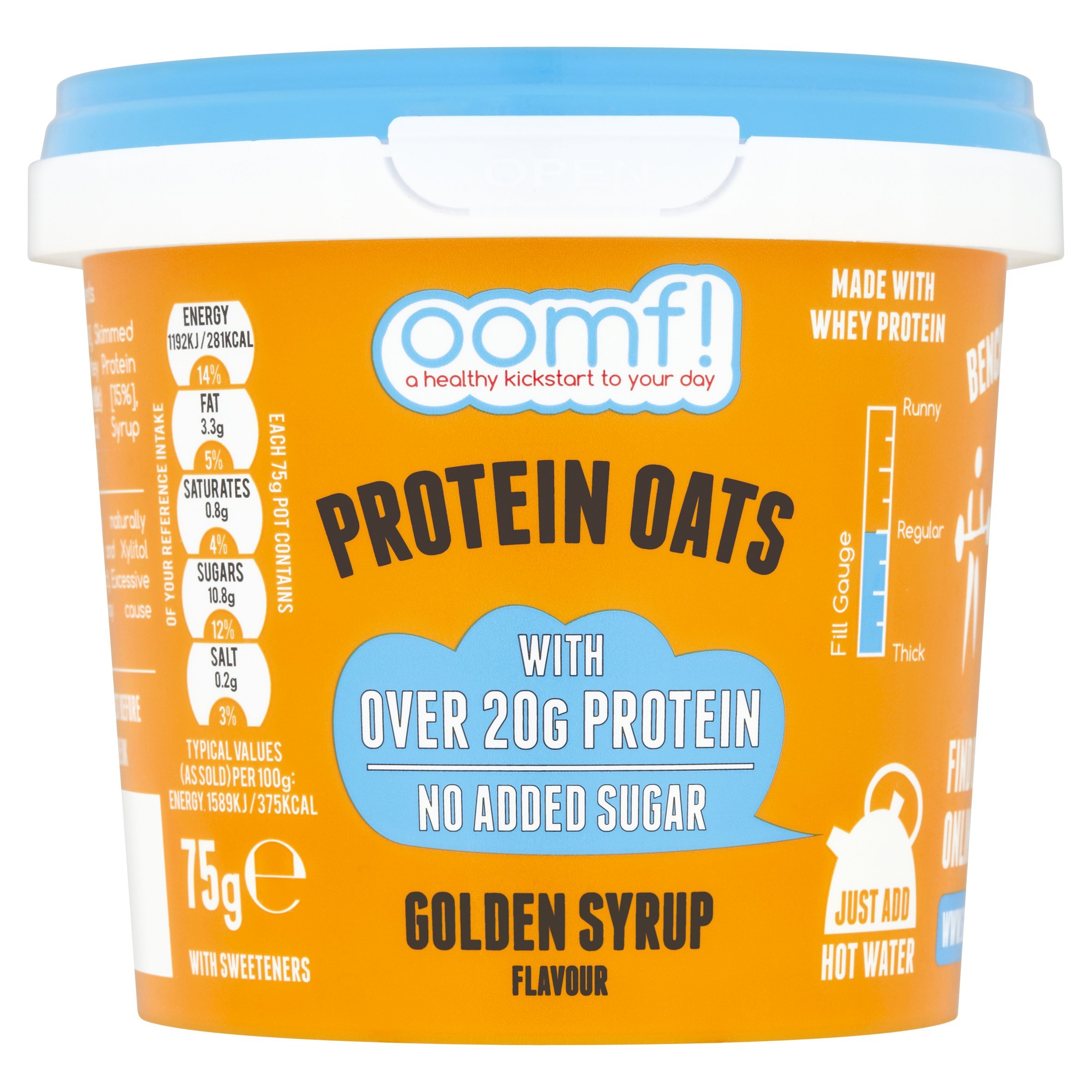 Oomf Protein Porridge to Go, Pack of 8 x 75g, Porridge Pots, Breakfast on the Go, 20g Whey Protein per Pot, No Added Sugar, No Artificial Flavours or Ingredients, Golden Syrup Flavour
