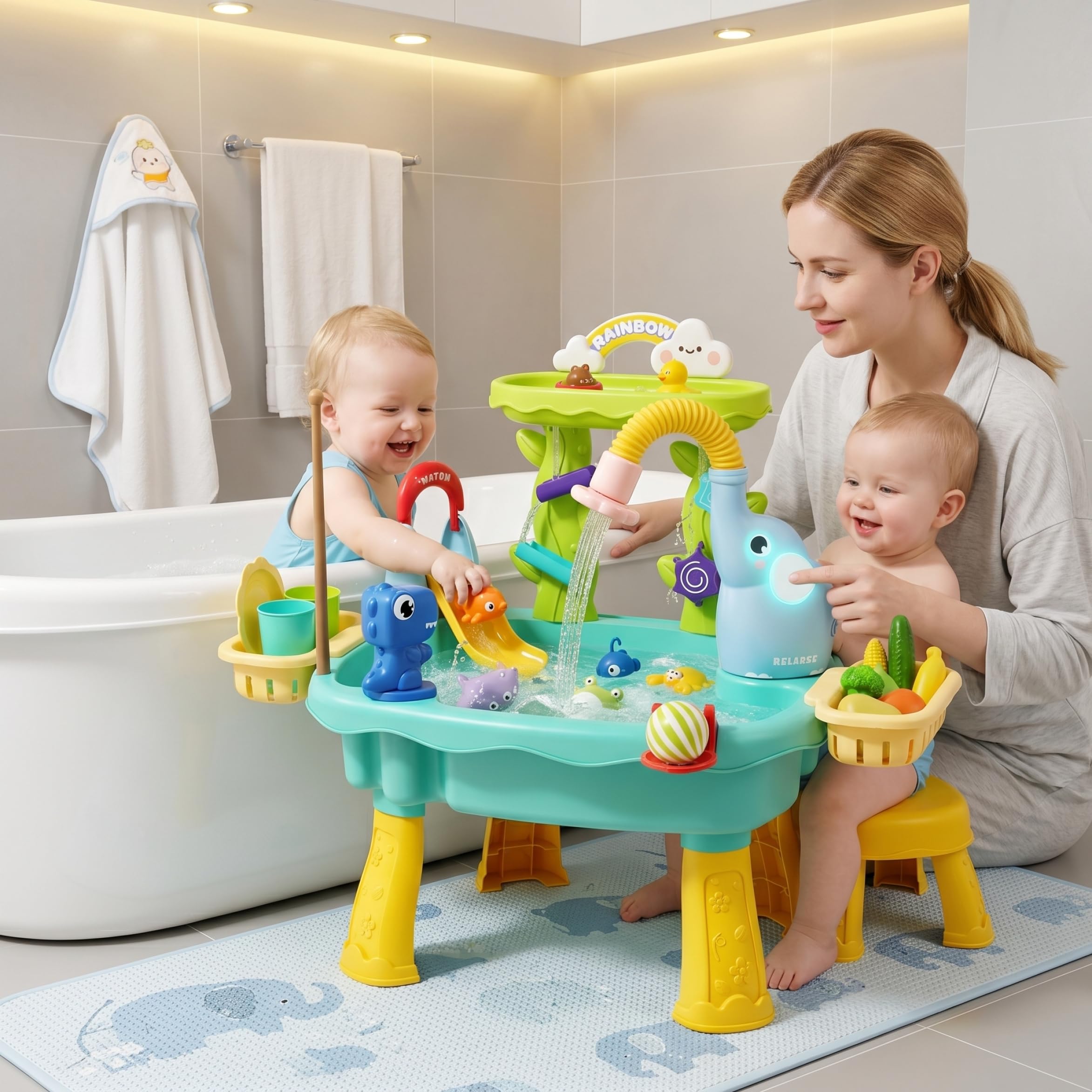 Mesa de Juegos Acuáticos, Bandejas de Agua 6 en 1 de 2 para Niños con Funciones de Circulación, Tobogán y Pesca Azul