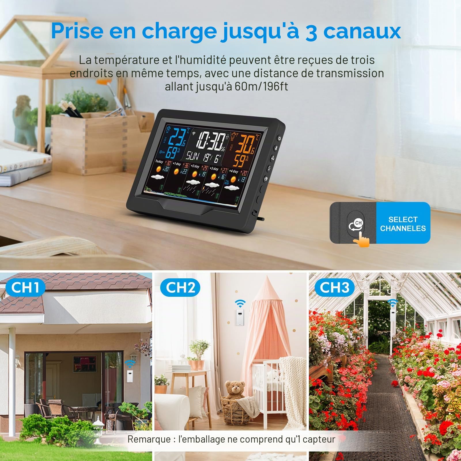 Station Météo Intérieur Extérieur sans Fil - Station Météo Connectée WIFI, Thermomètre et Hygromètre avec Capteur Externe, Prévisions Météo sur 5 Jours, Indice UV, Baromètre, Horloge DCF