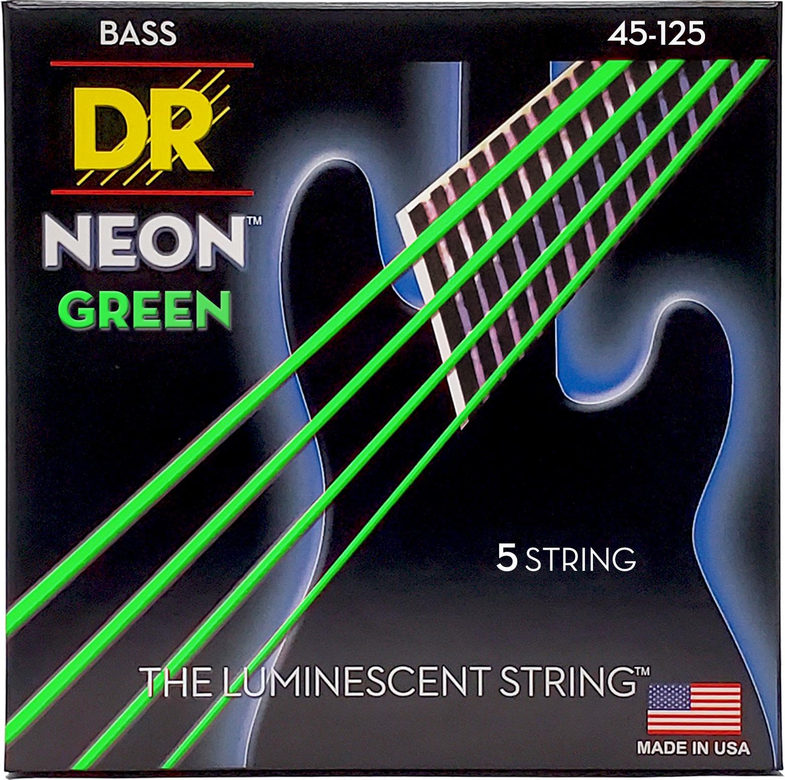 DR Strings NGB5-45 HI-DEF NEON™ - GREEN coloured Bass Strings: 5-String Medium 45-125