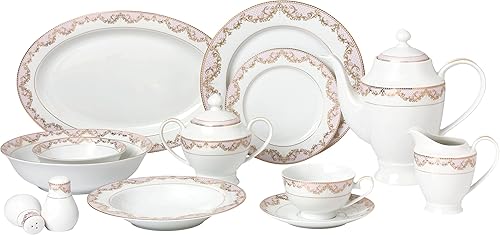Lorren Home Trends Juego de vajilla de porcelana de hueso "Beauty" de 57 piezas (servicio para 8 personas), color rosa