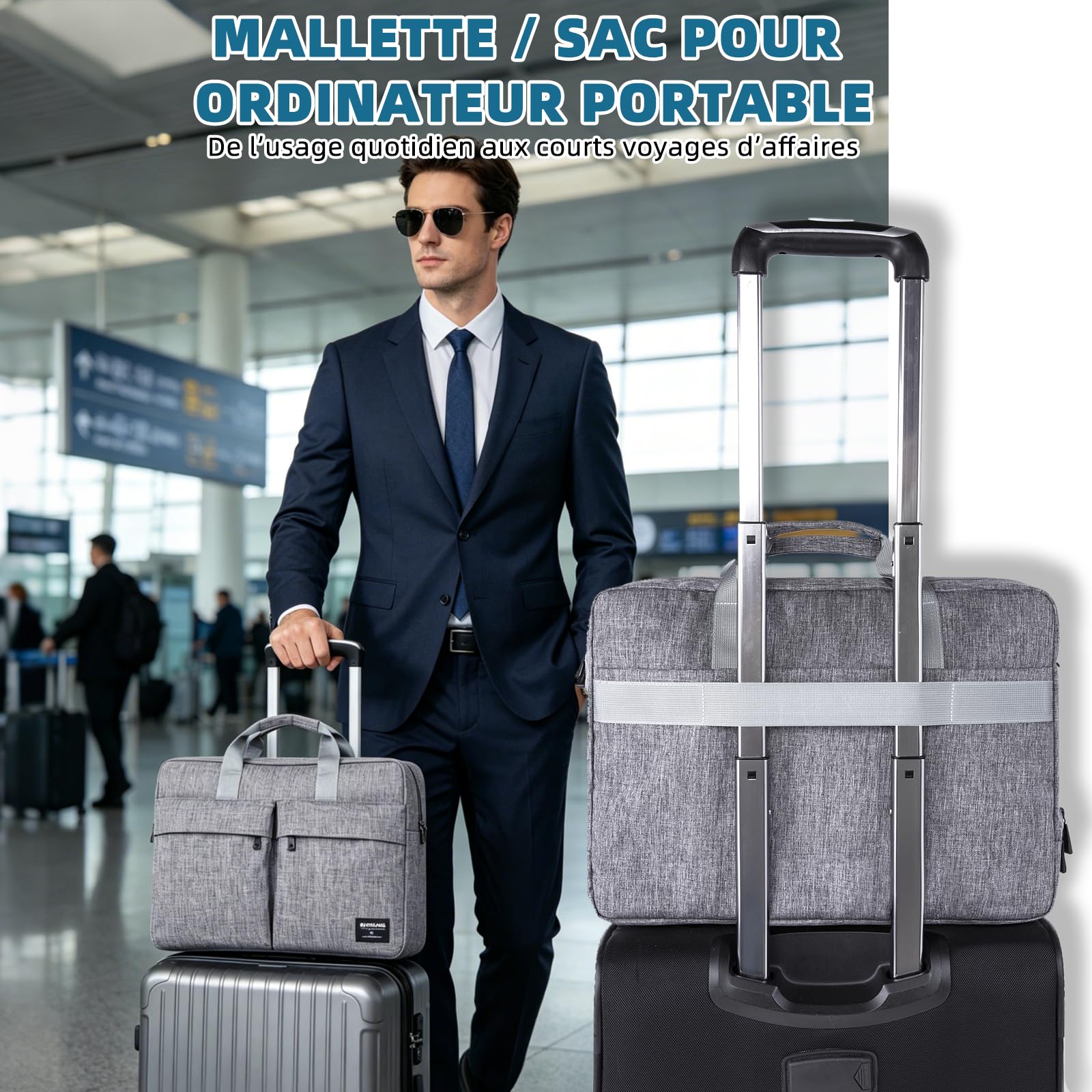 KINGSLONG Sacoche Ordinateur Portable: 17-17,3 Pouces Imperméable Sac Laptop Homme Femme Double Compartiment, Bandoulière Amovible, 2 Grandes Poches Avant – Mallette Business Travail Voyage