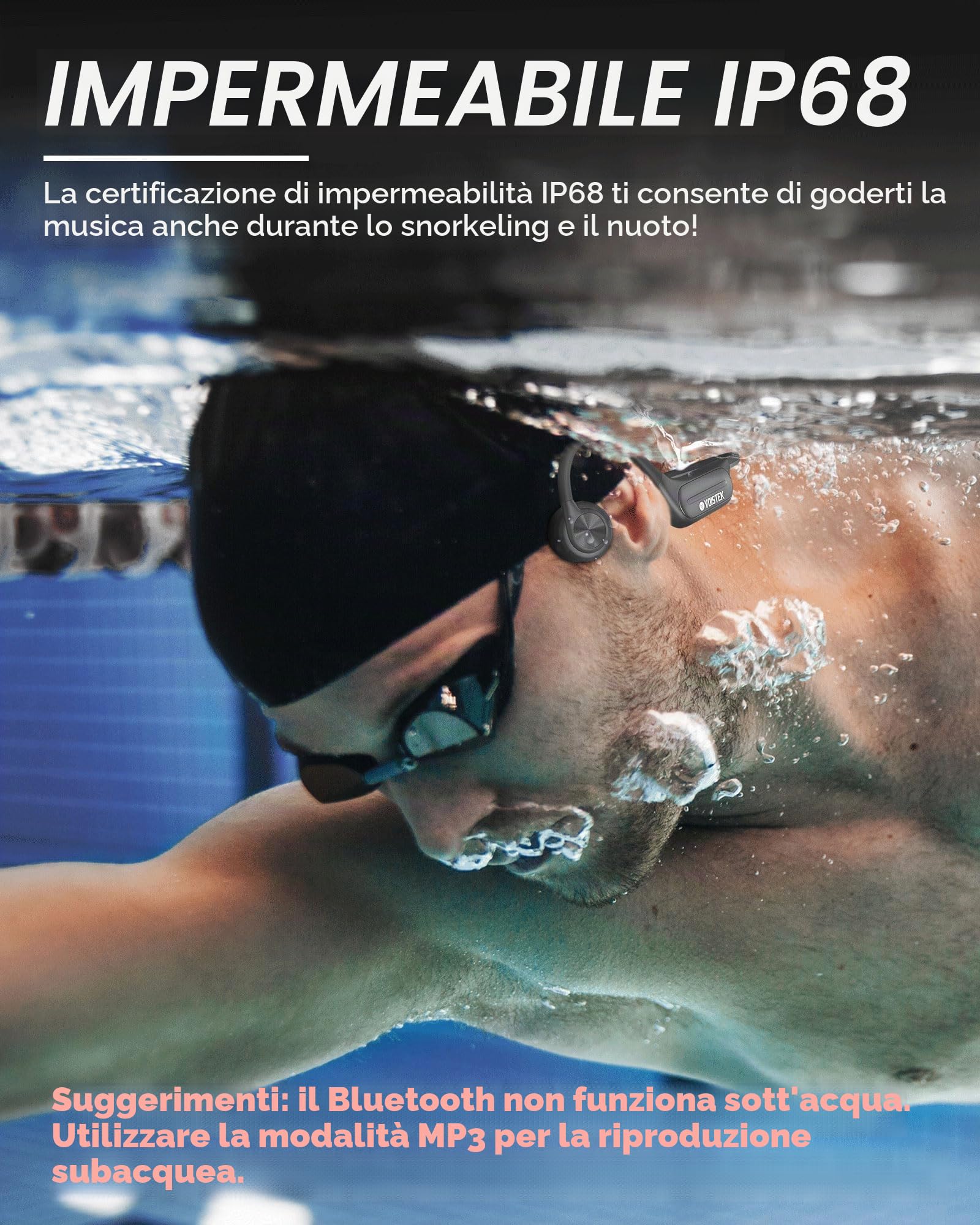 Voistek Cuffie Conduzione Ossea, IP68 Impermeabili Subacquee per Piscina e Nuoto, Bluetooth 5.4 con Lettore MP3 Built-in 32G Memoria, Auricolari Sportive per Surf, Corsa, Ciclismo