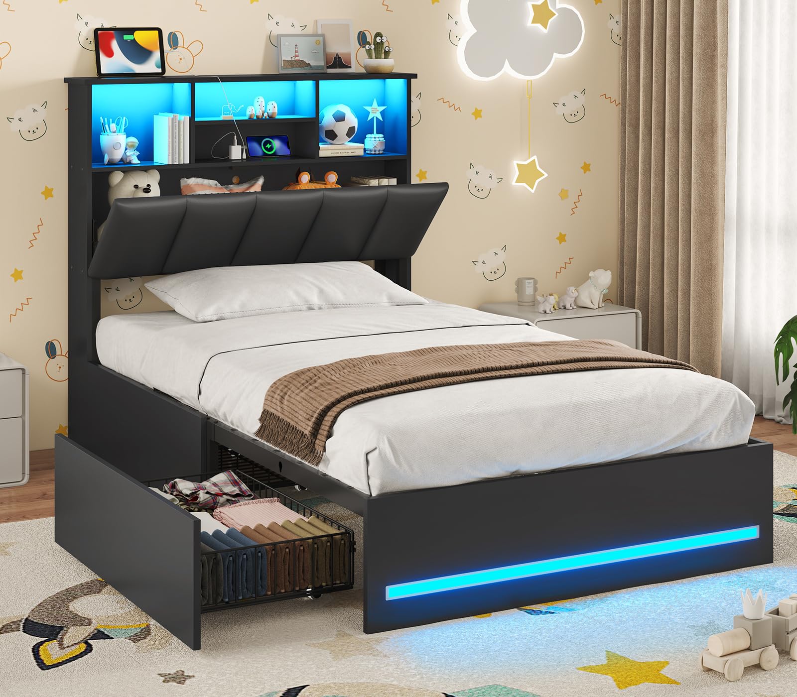 VIAGDO Twin Bed Frames with Bookcase Headboard, Wooden Bed Frame Twin Size with Charging Station, 4 Storage Drawers and LED Lights, LED Bed Frame with