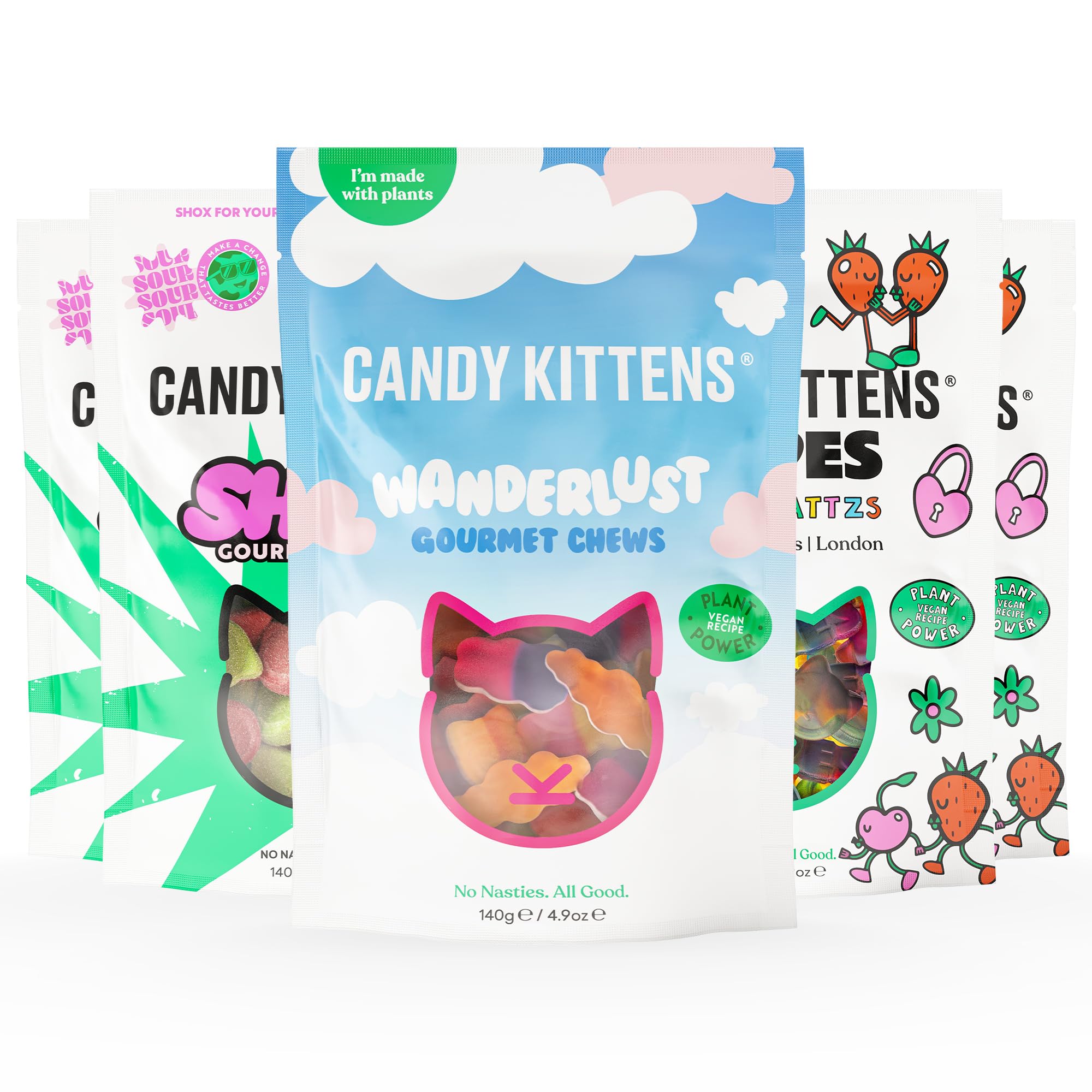 Candy Kittens Vegan Sweets FAN’S FAVOURITE Selection (5 x 140g) Vegan Chewy Sweets Bundle Five Packs, Three Flavours - LOVES, Wanderlust & Shox