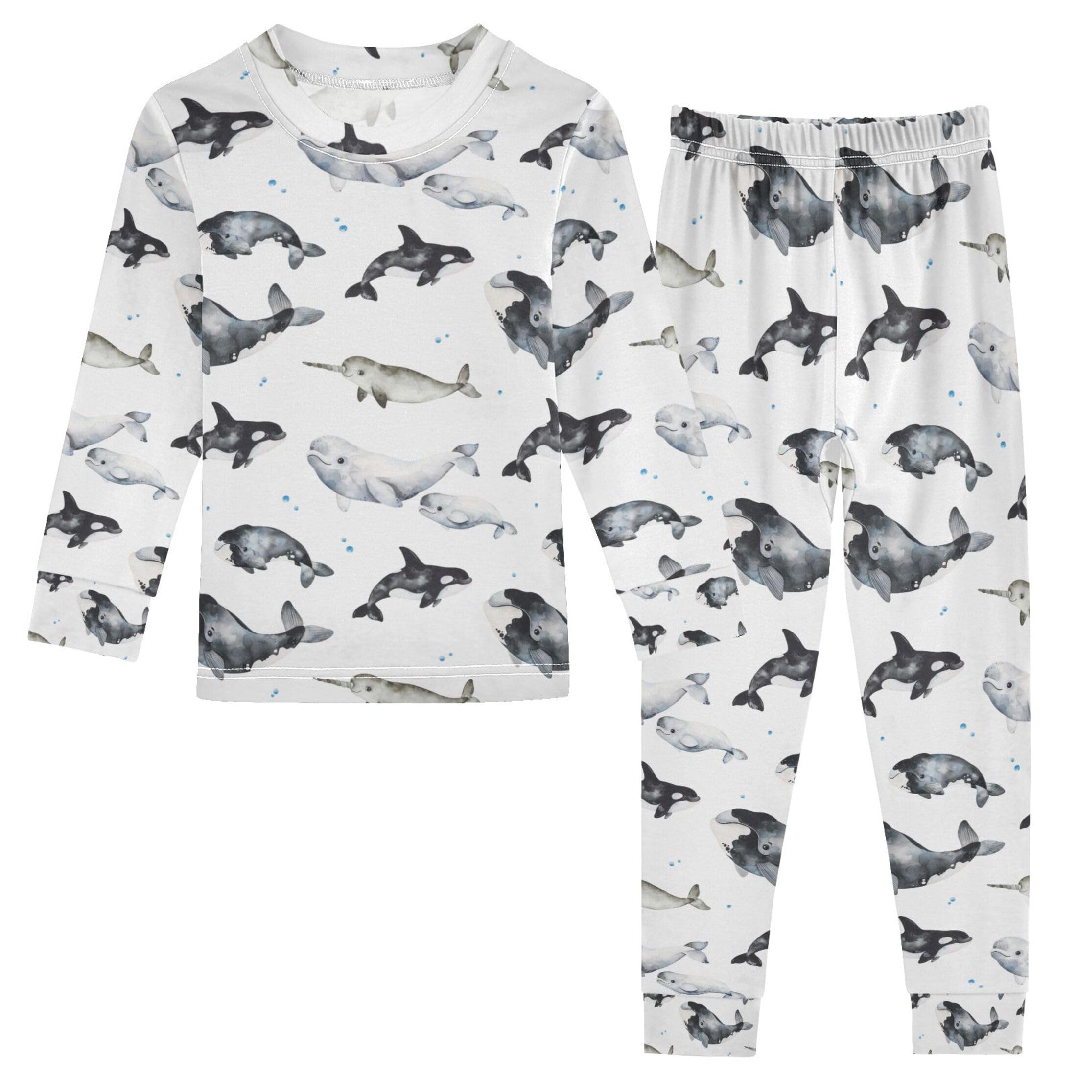 Vozoza Whales Narwhal Beluga Pajama Sets Long Sleeve Top with Pants Cotton Soft Sleepwear 2 Piece Pjs Set Size 3T