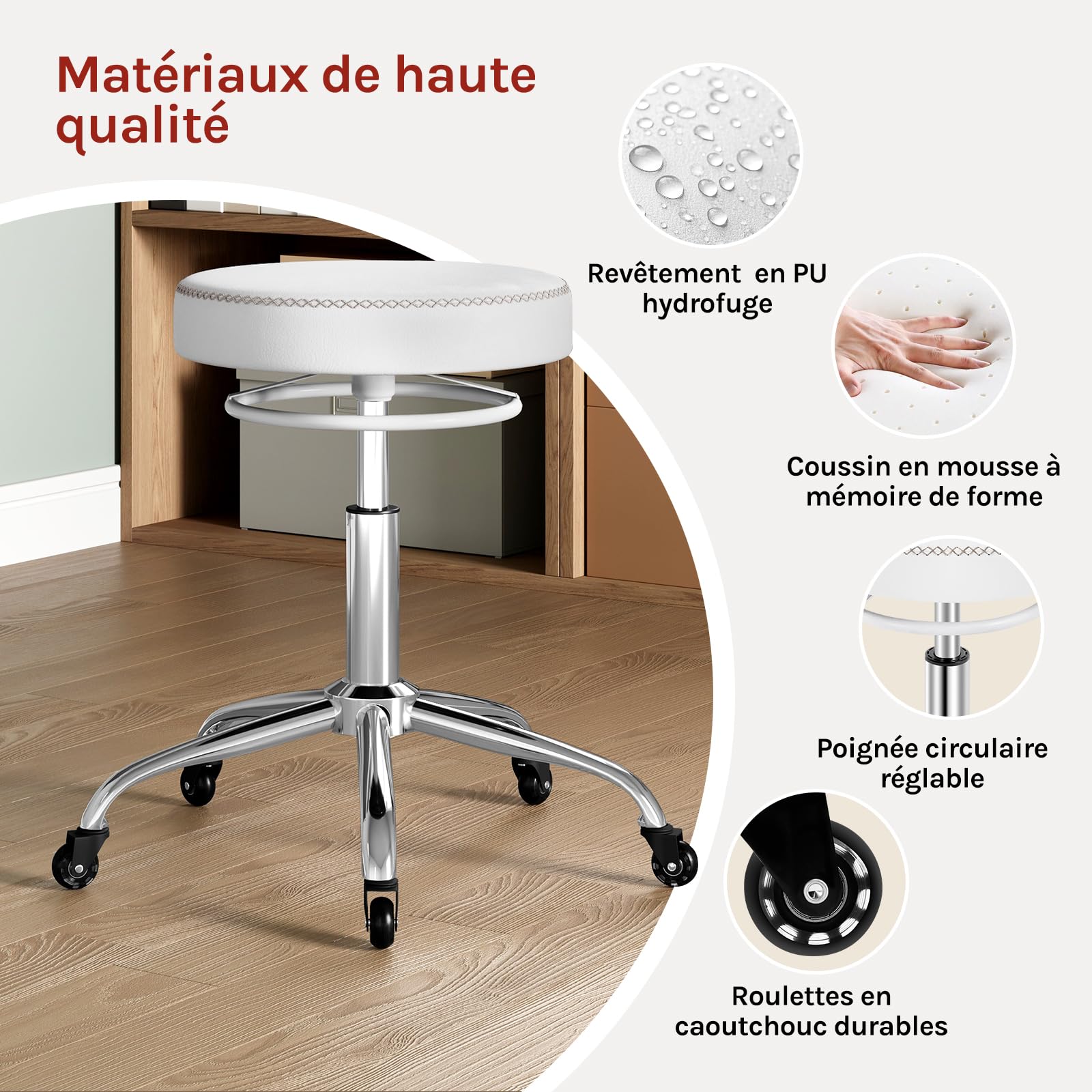 WOLTU Tabouret Bureau, Tabouret roulettes, en PU, Noir