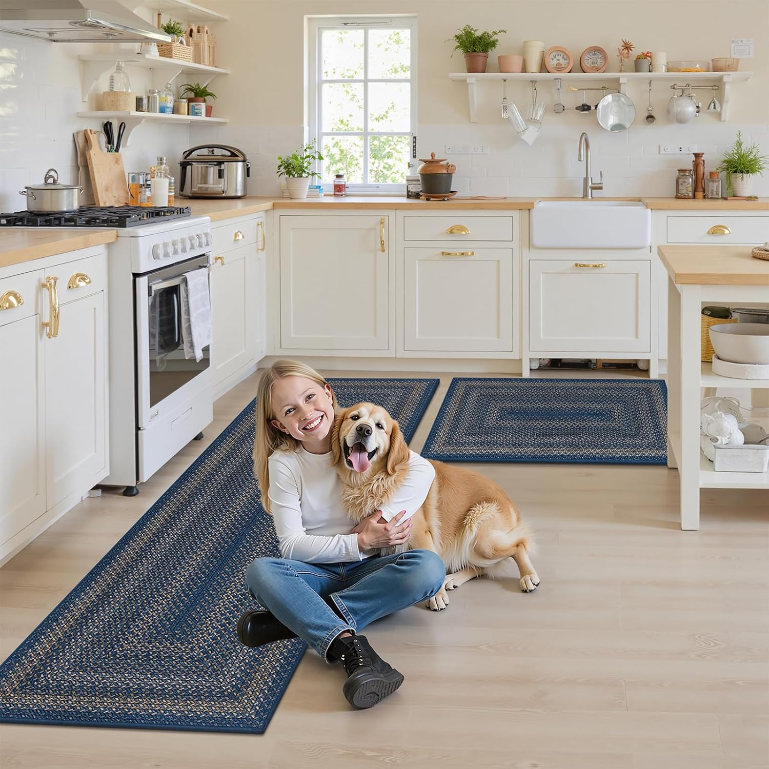 HEBE Kitchen Rugs Sets of 2 Non Slip Washable, 24"x36"+24"x72" Easy Jute Kitchen Mats for Floor, Stain Resistant Kitchen Carpet Runner for Hallways, Entryway,Laundry