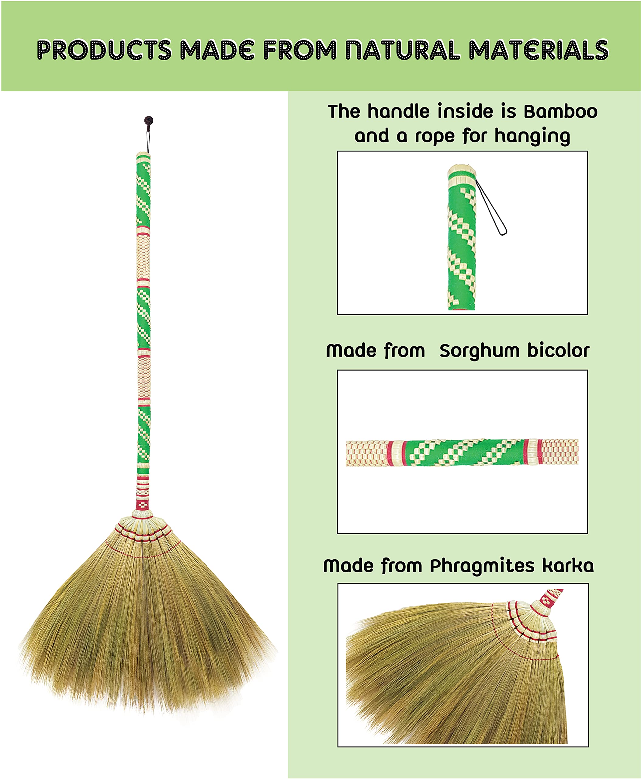 Natürlicher Grasbesen, Länge 99–101.6 cm, mit Bambus-Griff, für Innen- und Außenbereich, glatter und harter Boden, Grage, Schlafzimmer