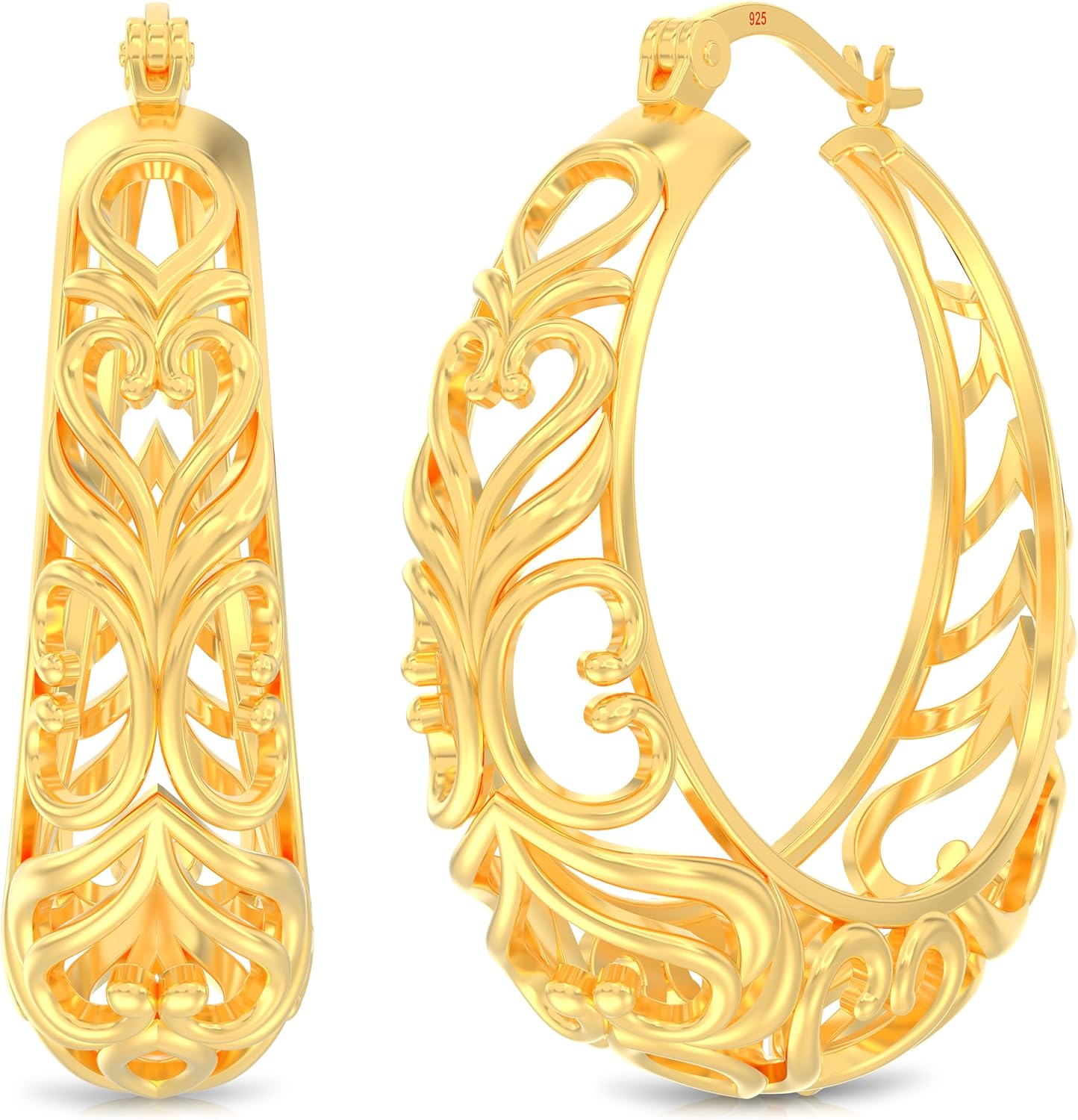 LeCalla 925 Sterling Silver Chunky Hoop Earrings | Filigree Mesh Heart Click Top Hoops for Women - Image 3