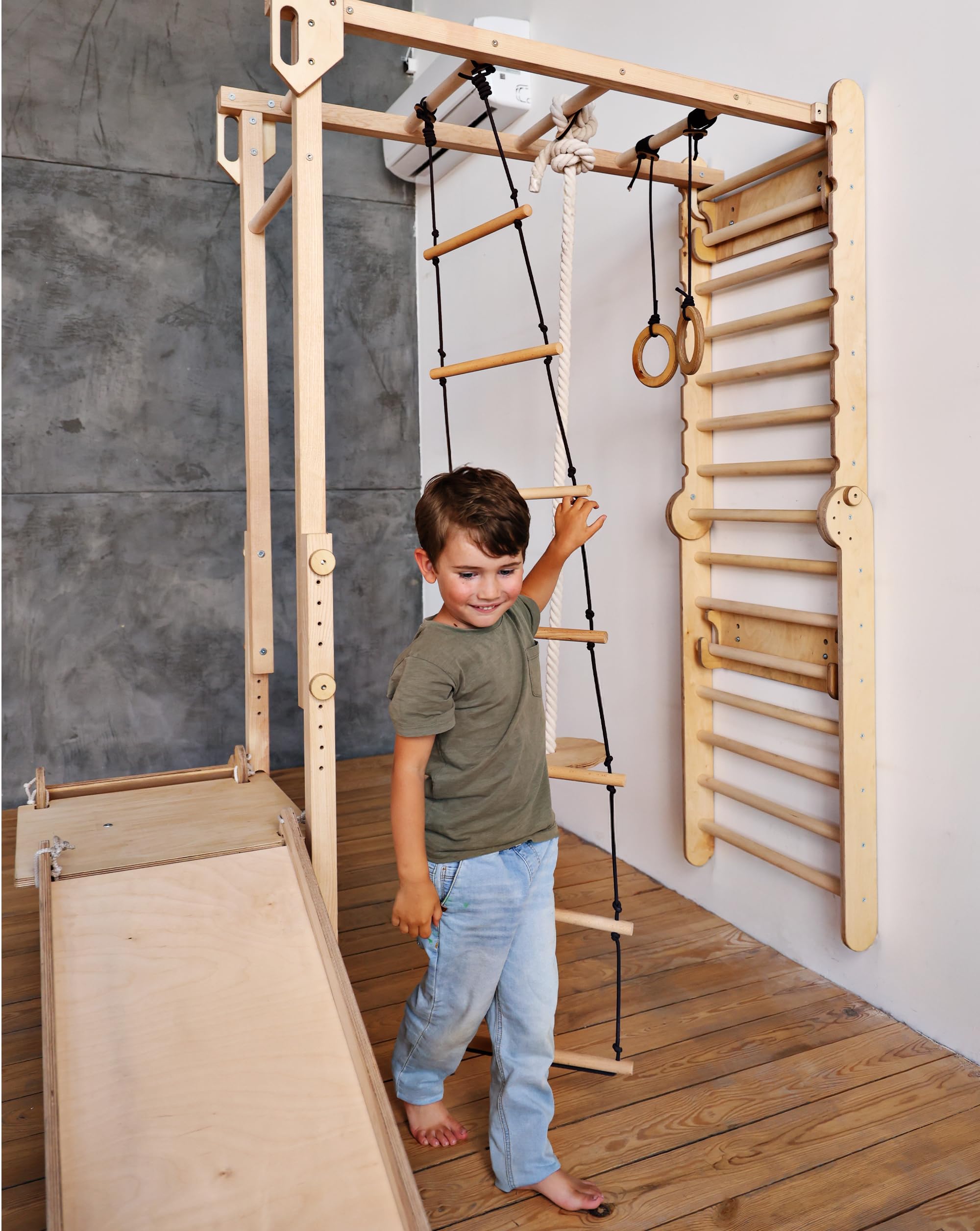 Juego de Escalada de Madera 9 en 1 para niños, Inspirado en Montessori, con Barra de Barras, Barra de dominadas, Anillos, Columpios, Escalera, Tabla de Escalada, tobogán y Plataforma