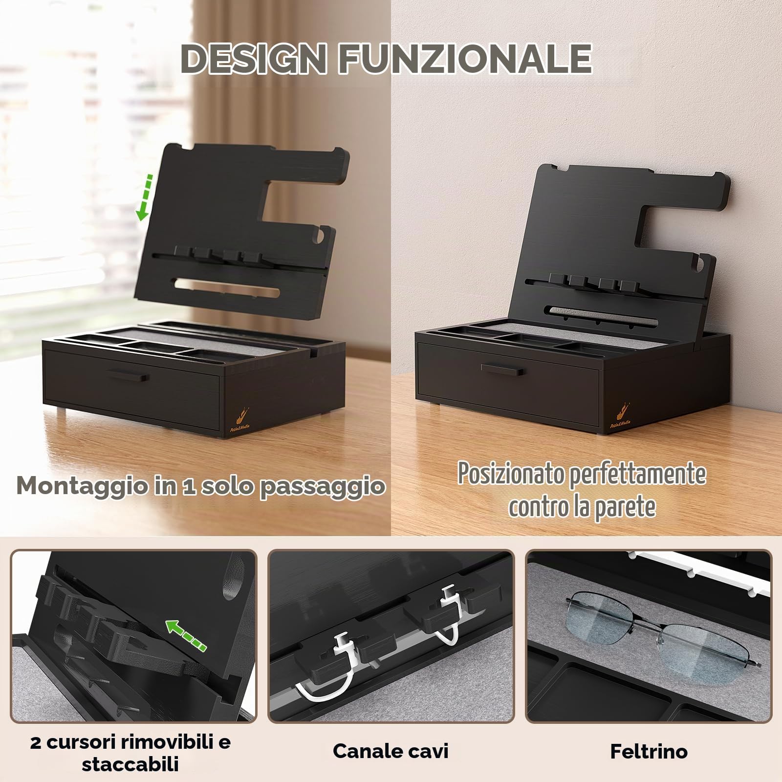 Pezin & Hulin Vassoio Organizer per Comodino in Legno, Docking Station per Telefono in Bambù con Cassetto, Vassoio Valet da Comodino per Multi-Dispositivo, Ideale per Marito Lui Fidanzato Laurea