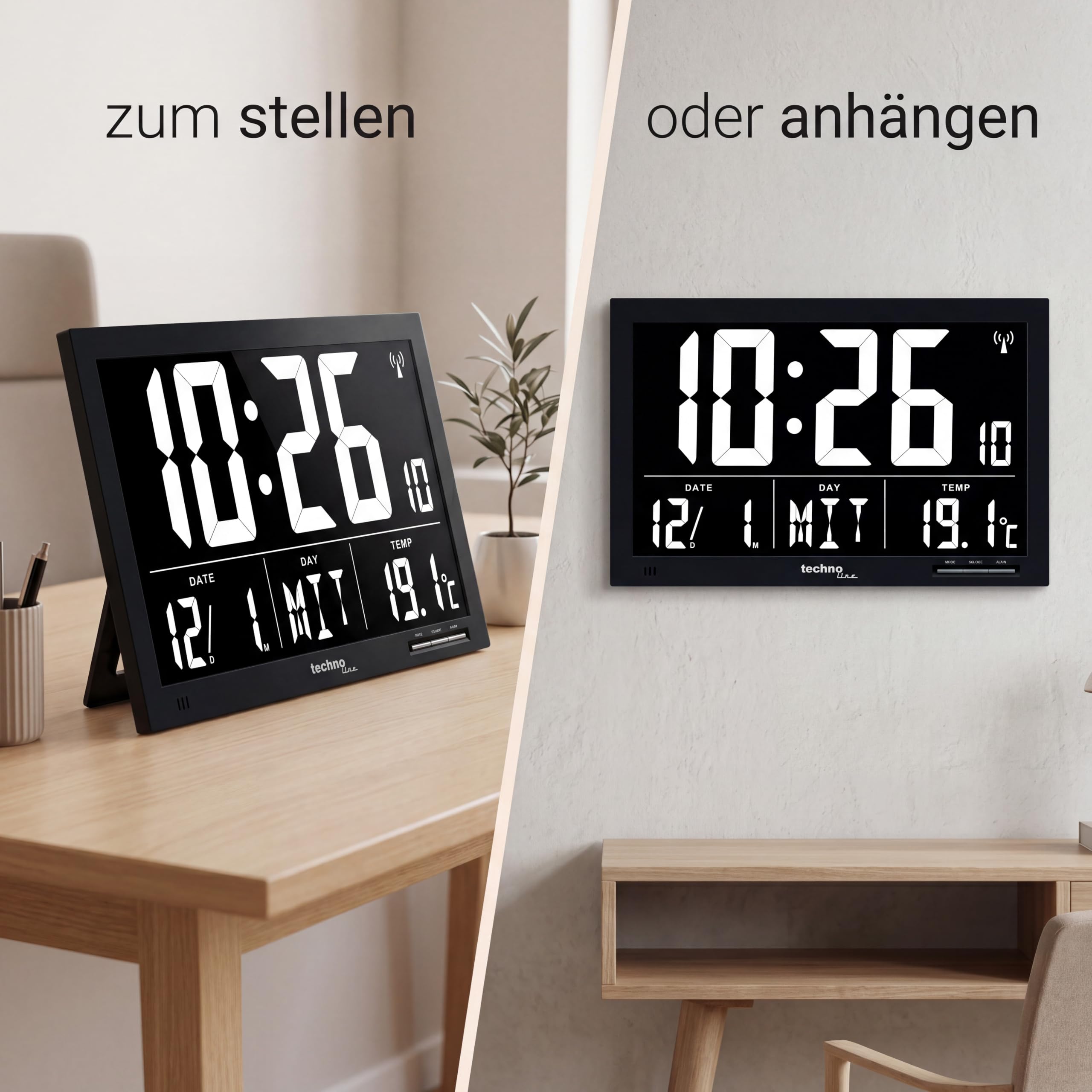 Technoline WS 8007 Funkwanduhr XXL mit Temperaturanzeige | Datum & Wochentag | Digitale Funkuhr mit DCF-Funksignal | Alarm & Schlummerfunktion | Große LCD-Anzeige für Büro, Küche & Wohnzimmer