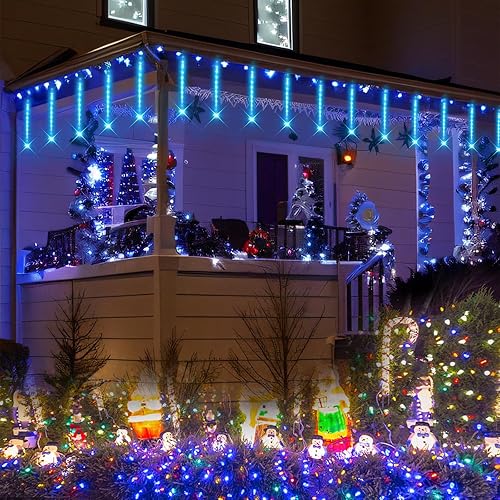 Miniatura 2 de Decoraciones de Navidad para exteriores, 24 tubos de luces de lluvia de meteoritos (igual a 3 juegos de 8 tubos), luces LED de carámbano azul hielo