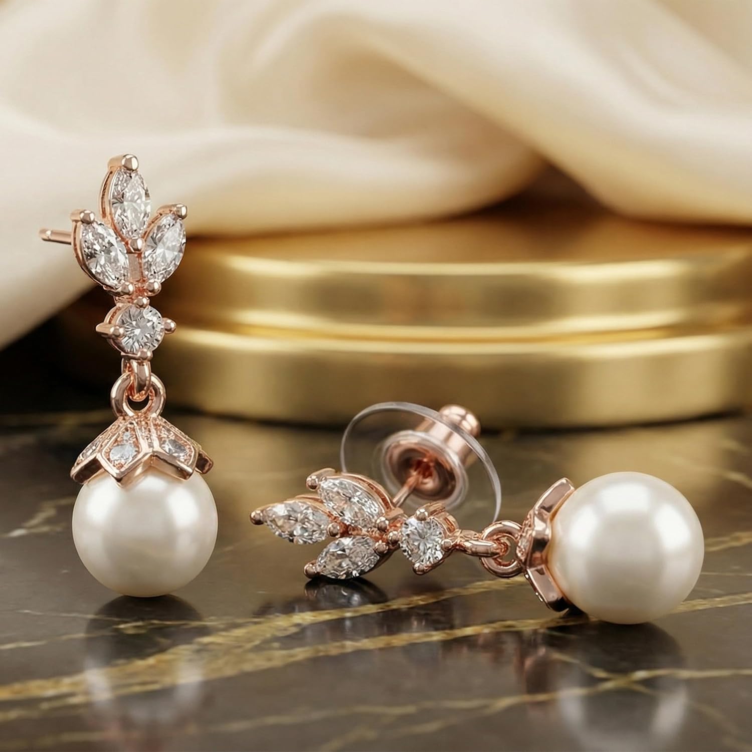 Mariell Pearl Drop Wedding Earrings, 8MM Ivory Shell Pearls, Cubic Zirconia Crystal and Pearl Earrings for Brides, Bridesmaid, Prom and Mother of the Bride