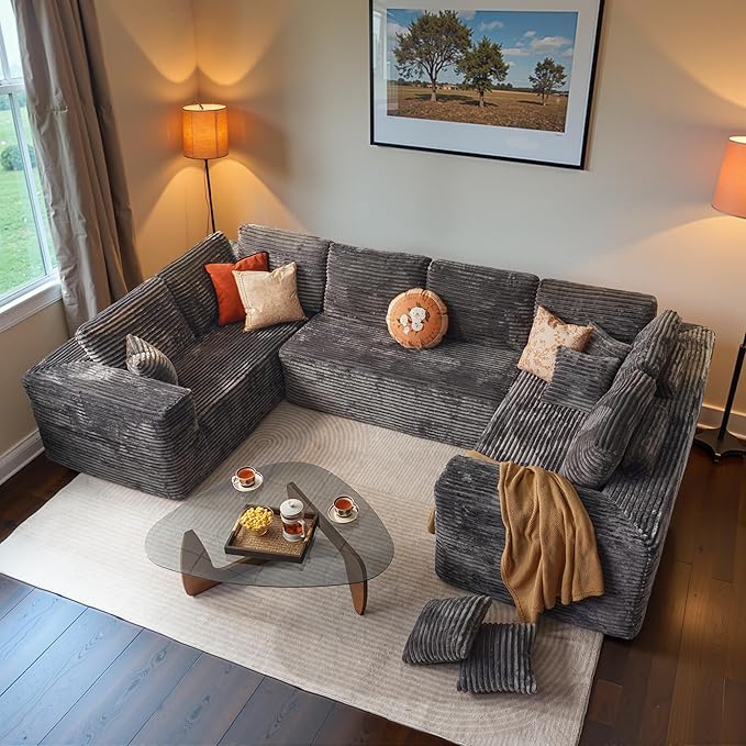ovios Sectional Cloud Couch for Living Room, Modular Floor Sofa with Plush Corduroy, No Assembly Required, Big Comfy Couches Set with Fluffy Memory Foam, Stupendous U Shaped Sofas with Chaise, Grey