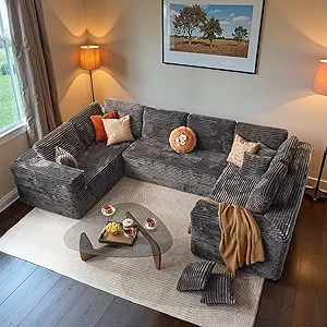 ovios Sectional Cloud Couch for Living Room, Modular Floor Sofa with Plush Corduroy, No Assembly Required, Big Comfy Couches Set with Fluffy Memory Foam, Stupendous U Shaped Sofas with Chaise, Grey