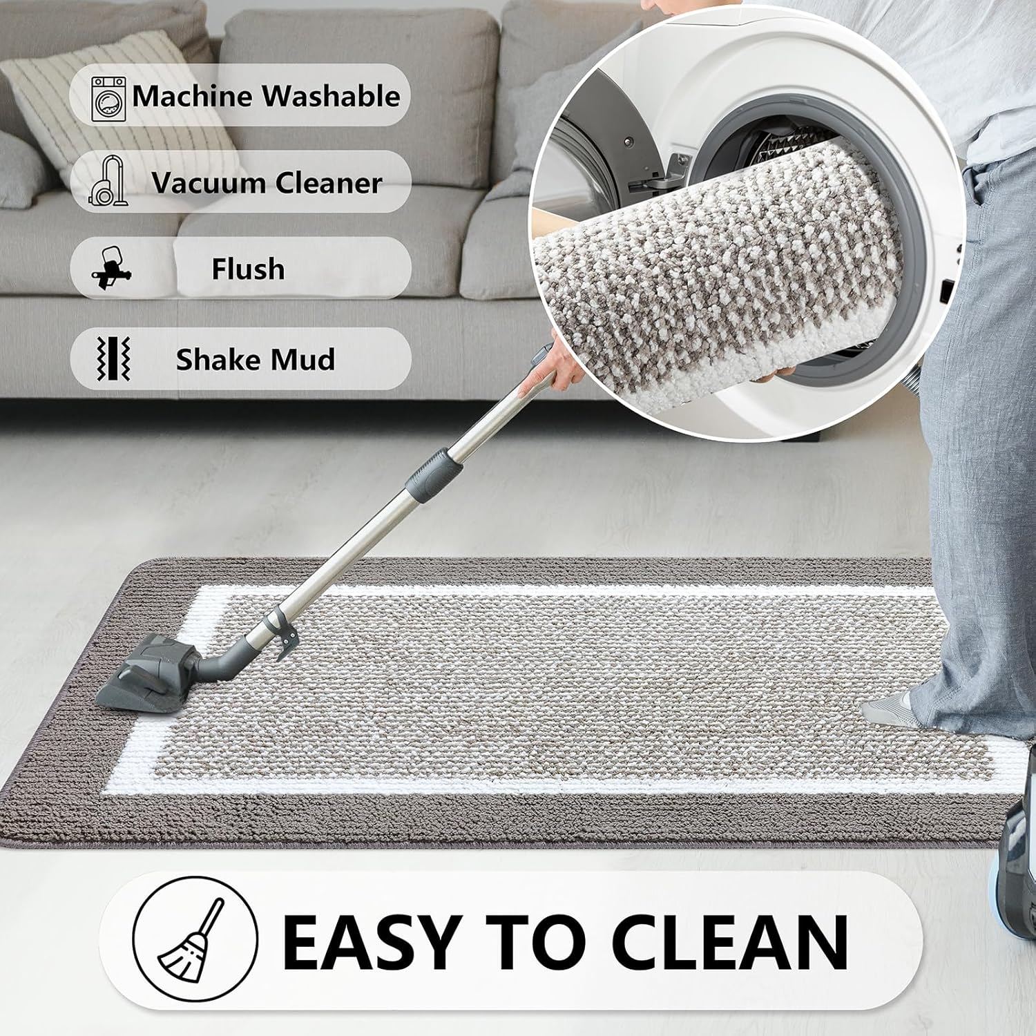 REFETONE Indoor Doormat, Front Back Door Mat 24"x36" Absorbent Rubber Backing Non Slip Door Mats, Machine Washable Low-Profile Entry Rug, Resist Dirt Inside Floor Mat Door Rugs for Entryway, Grey - Image 6