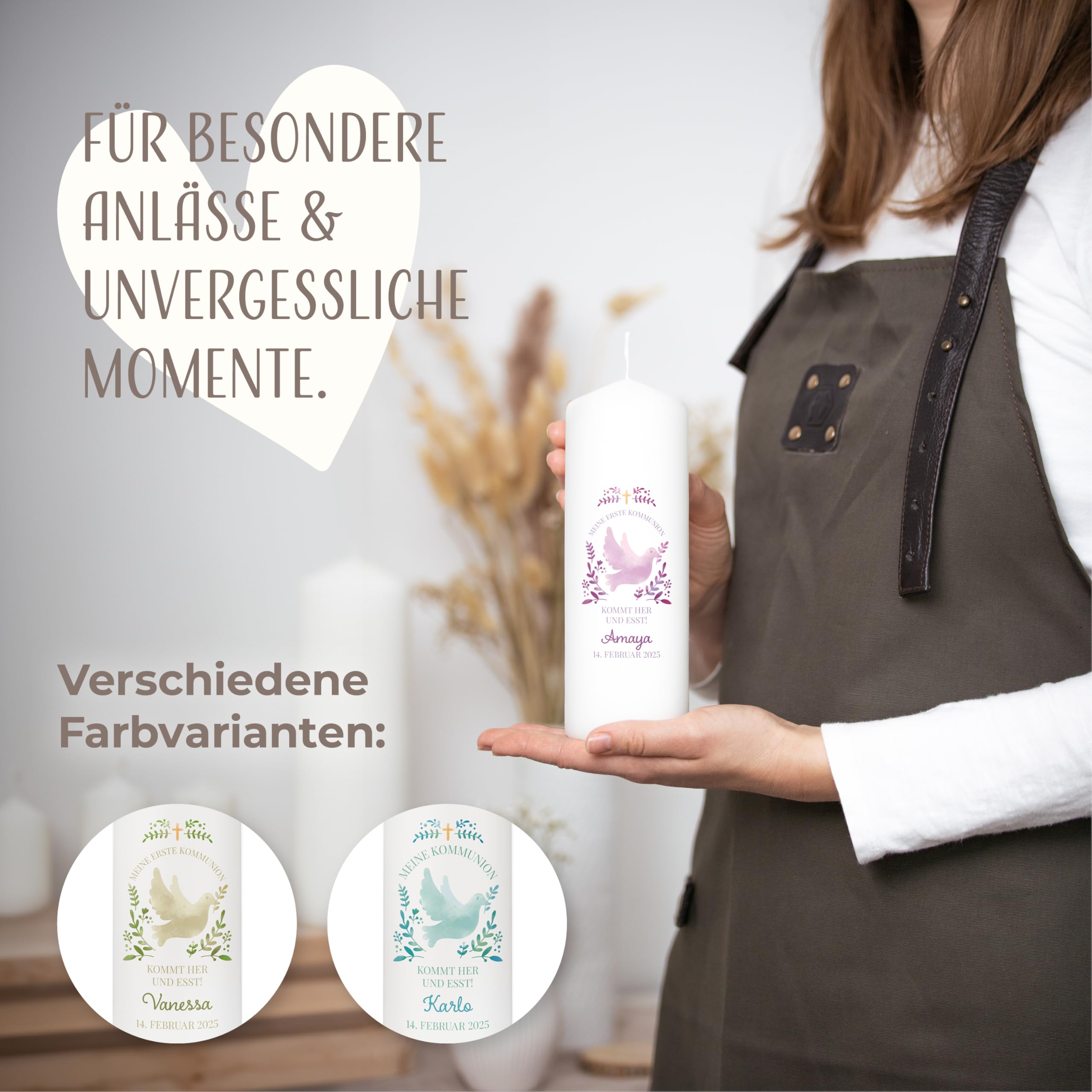 AMARI ® Kommunionkerze personalisiert Taube H:20cm/⌀:7cm - Kerze Kommunion - Kommunionkerze Junge/Mädchen