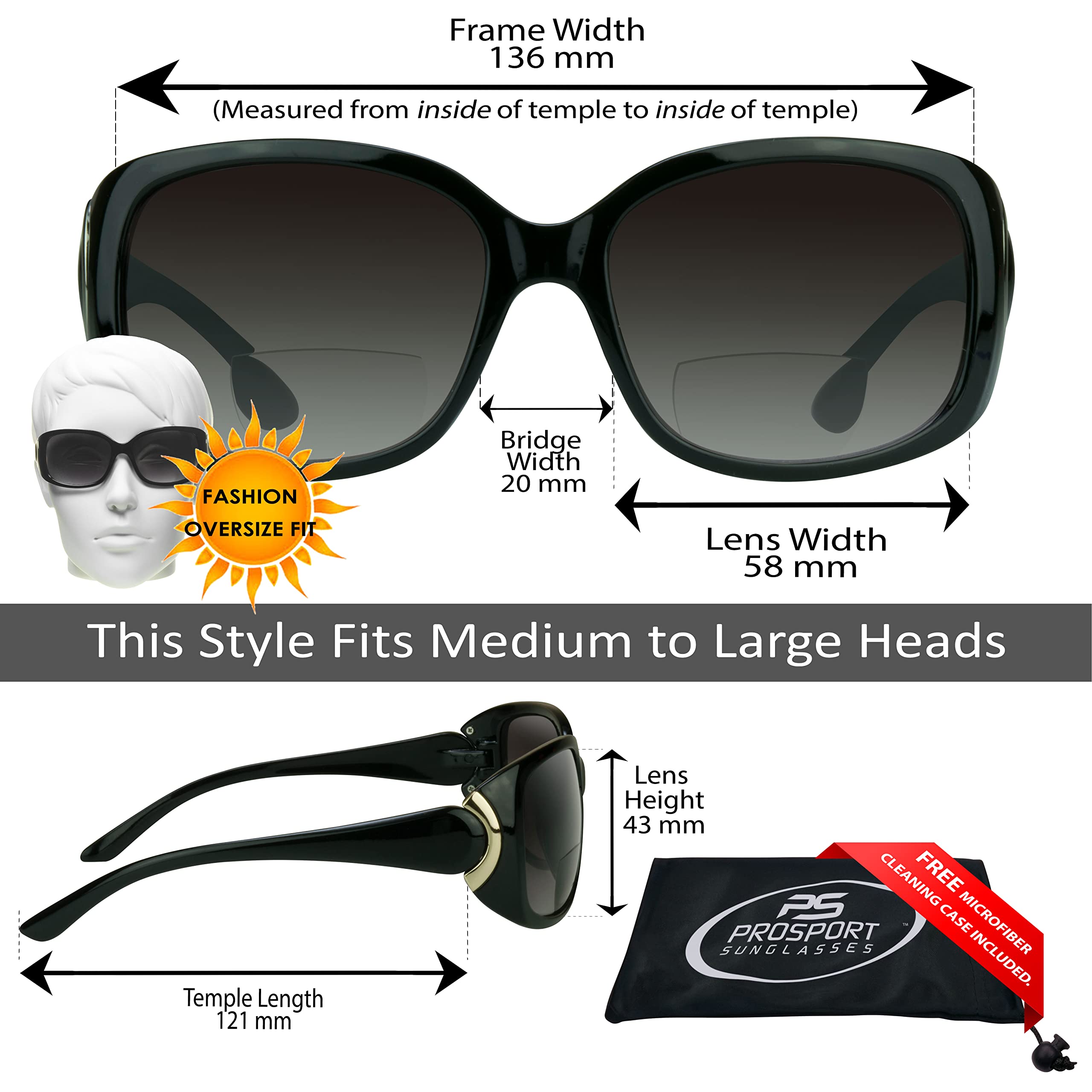 proSPORT Women Bifocal Sunglasses +2.00 Black Gold Frame Gradient Smoke Lens