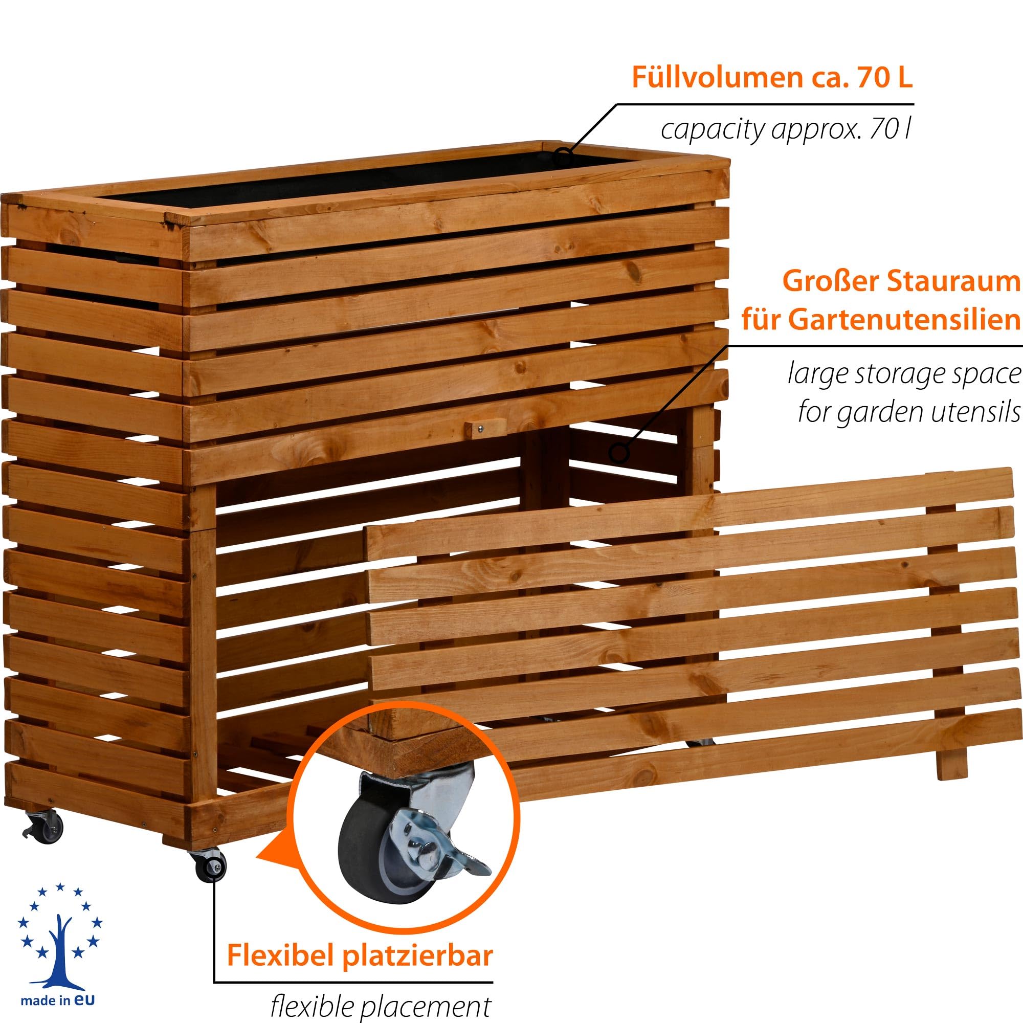 dobar® Grande Plate-Bande surélevée Rolla en Bois Massif avec roulettes Taille XL Jardinière surélevée avec Compartiment de Rangement 72 x 32,5 x 78 cm Marron