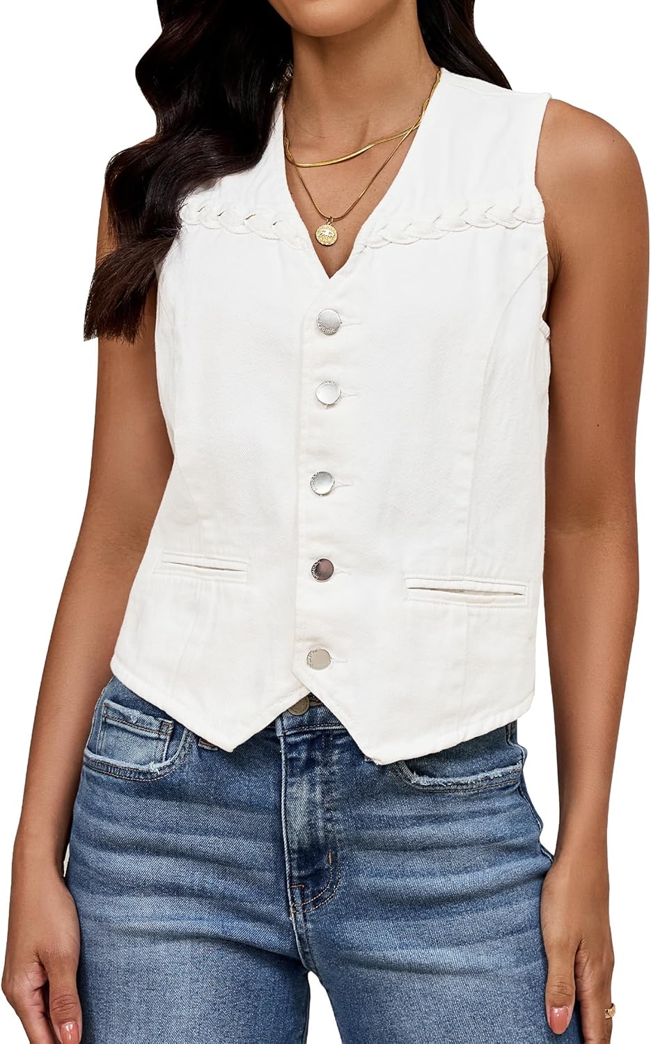 luvamia Denim Vest Women Trendy Button Down Braided Adjustable Waist Western Casual Sleeveless Jean Waistcoat Vests Top