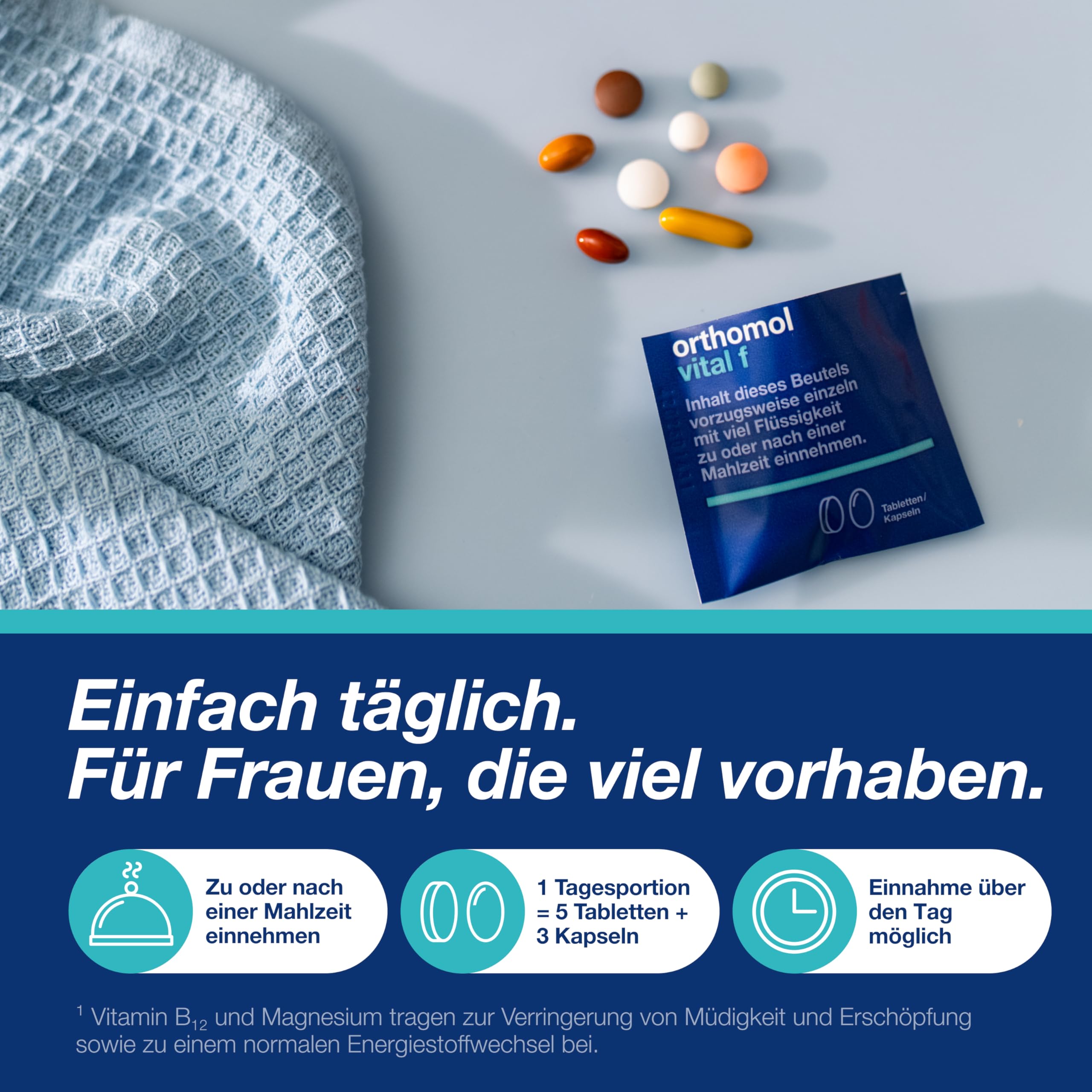 Orthomol Vital f - Mikronährstoffe für Frauen - bei Müdigkeit und Erschöpfung - mit B-Vitaminen, Omega-3-Fettsäuren, Magnesium - Tabletten/Kapseln à 30 x Tagesportionen