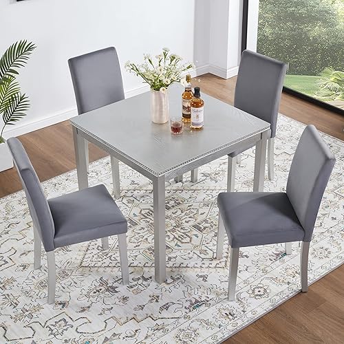 Miniatura 27 de KEIKI Juego de mesa de comedor de altura estándar de 6 piezas con mesa rectangular, 4 sillas tapizadas, banco, para 6 personas, juego de mesa de