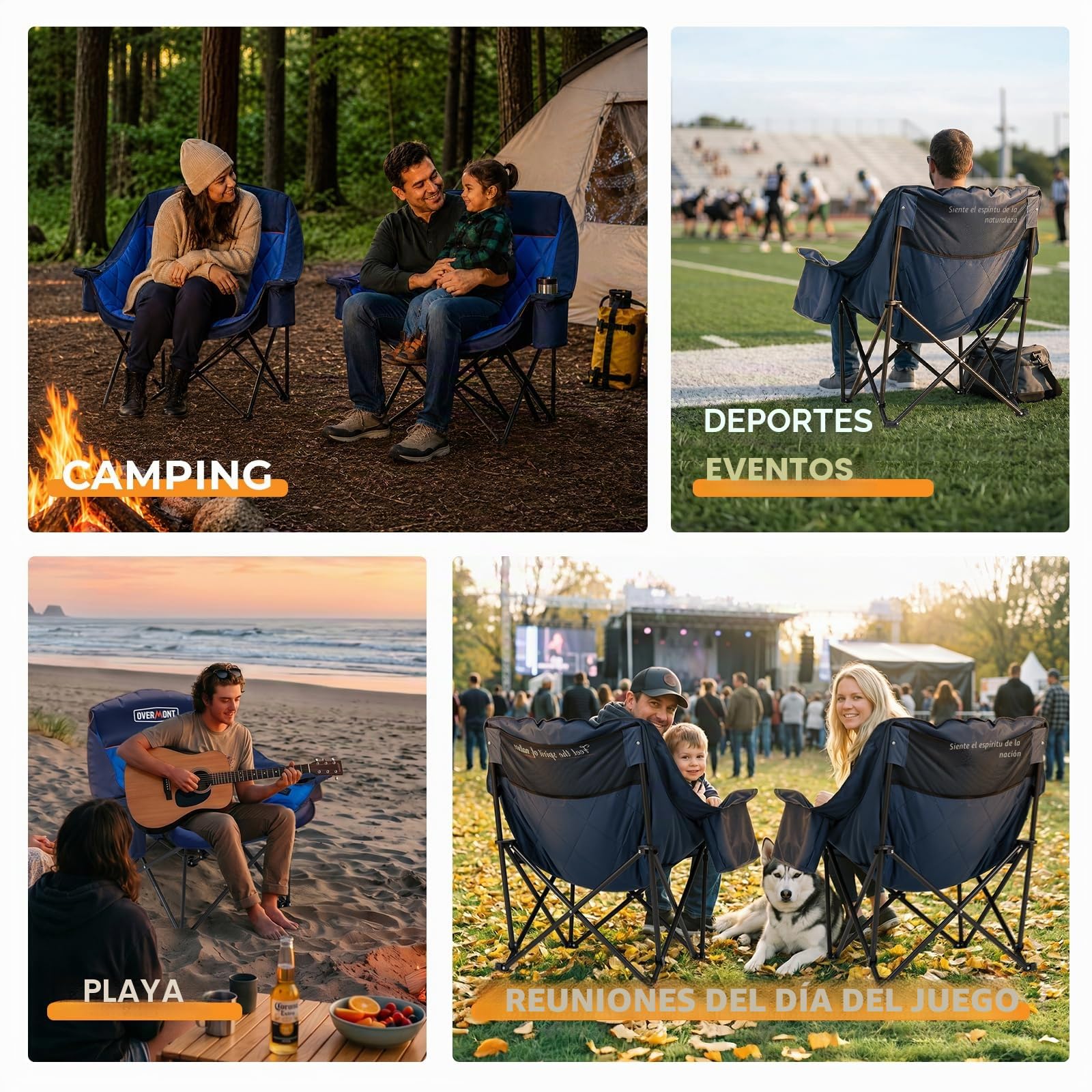 OVERMONT Silla de Camping Plegable Grande 204kg - Silla de Pesca Acolchada Resistente con Bolsa Térmica Portavasos - Sillas Portátil para Exterior Acampada Jardín Playa Pesca Azul
