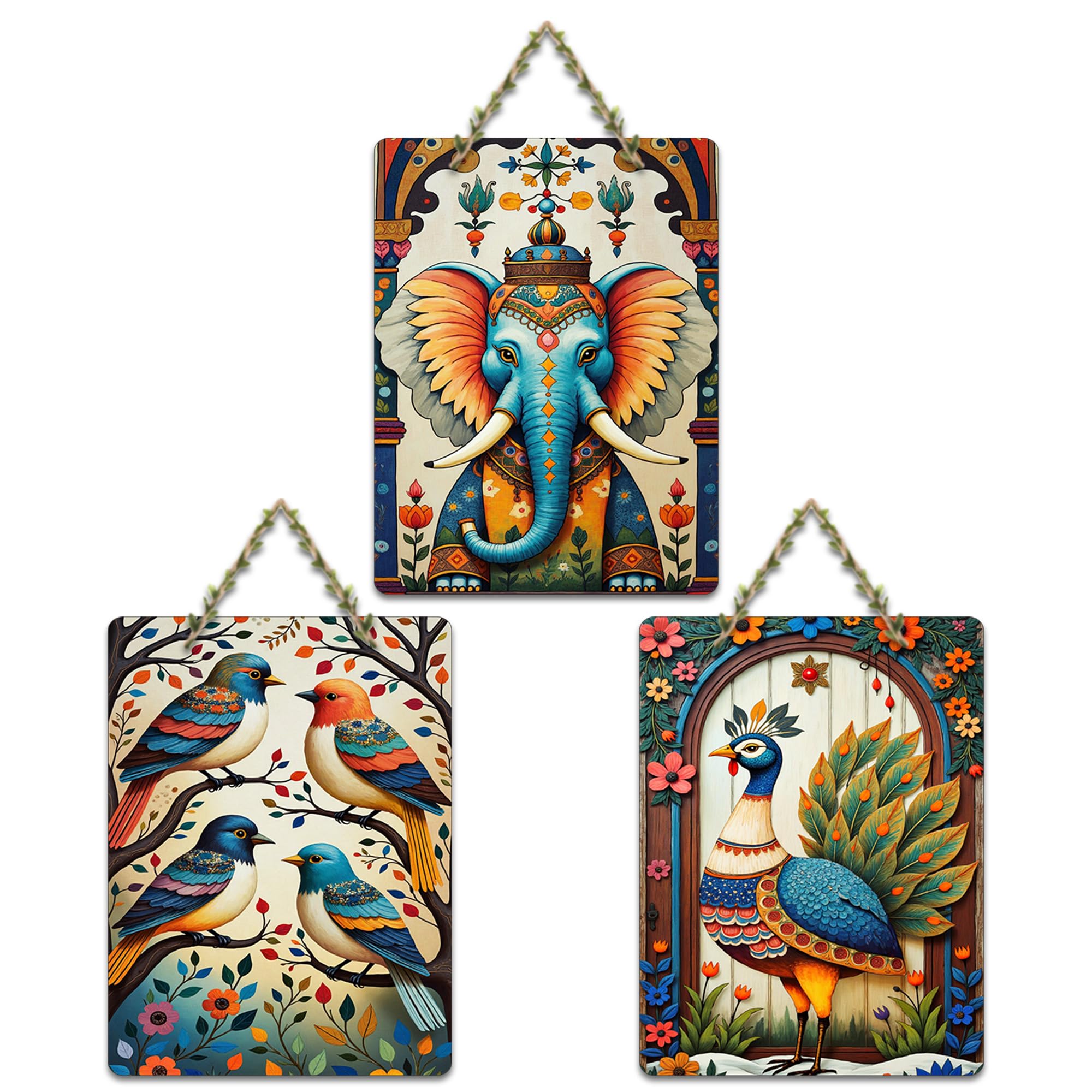 Artvibes Aesthetic Elephant With Birds & Floral Peacock Wall Hanging Home Decorative Art For Living Room | Bedroom | Gifts For Woman | Decoration | Trendy Decor | House Warming | Office | (WH_9628N)
