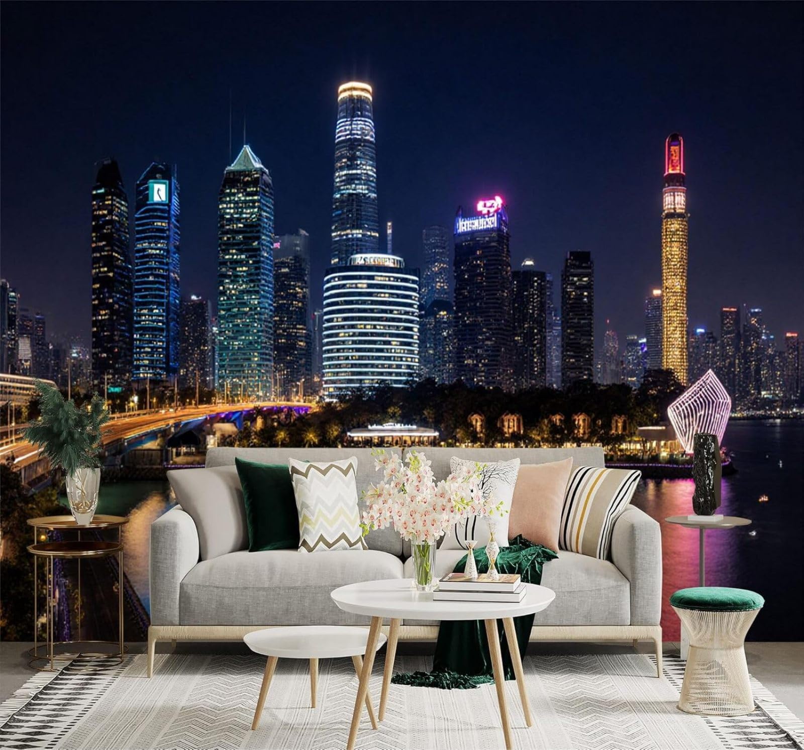 Tzxztt 400Cm×280Cm(B×H) City Architecture Rivers Bridges Night Lights Reflections Modern 3D Wallpaper Premium Textured Silk Neutral Tones Material Ideal For Living Room Bedroom-400Cm×280Cm