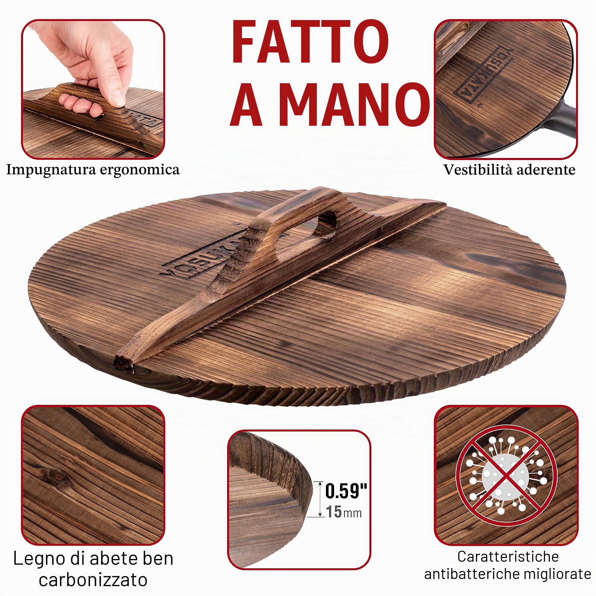 YOSUKATA Wok Padella Professionale 34 cm - Tradizionale Wok Acciaio al Carbonio Blu Fondo Piatto Precondizionato + Coperchio In Legno Per Wok 34 Cm