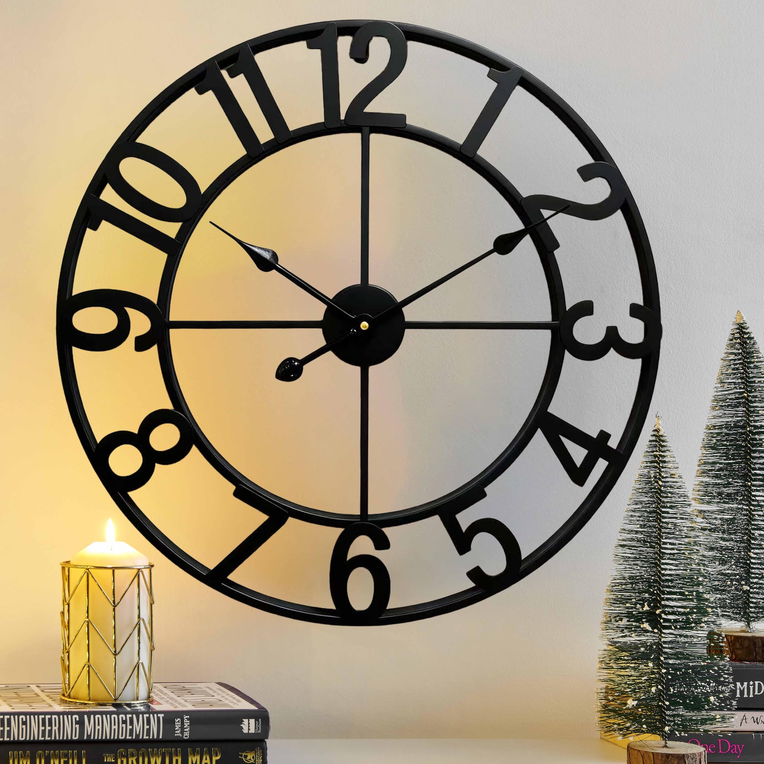 CLXEAST 24 Inch Large Black Metal Wall Clock