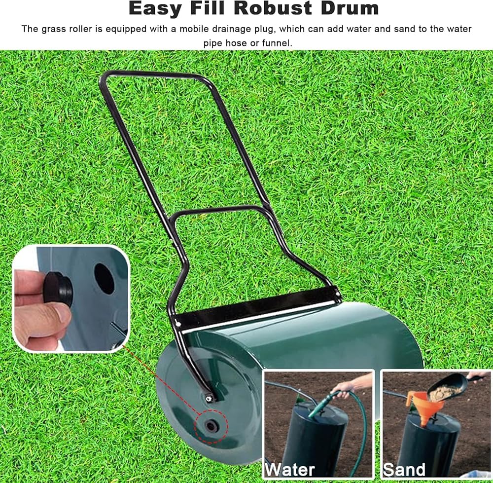 Rodillo de césped de acero resistente para empuje/remolcar, rodillo de césped duradero, relleno de arena para patio, jardín, barra rascadora, remolque detrás de la mano