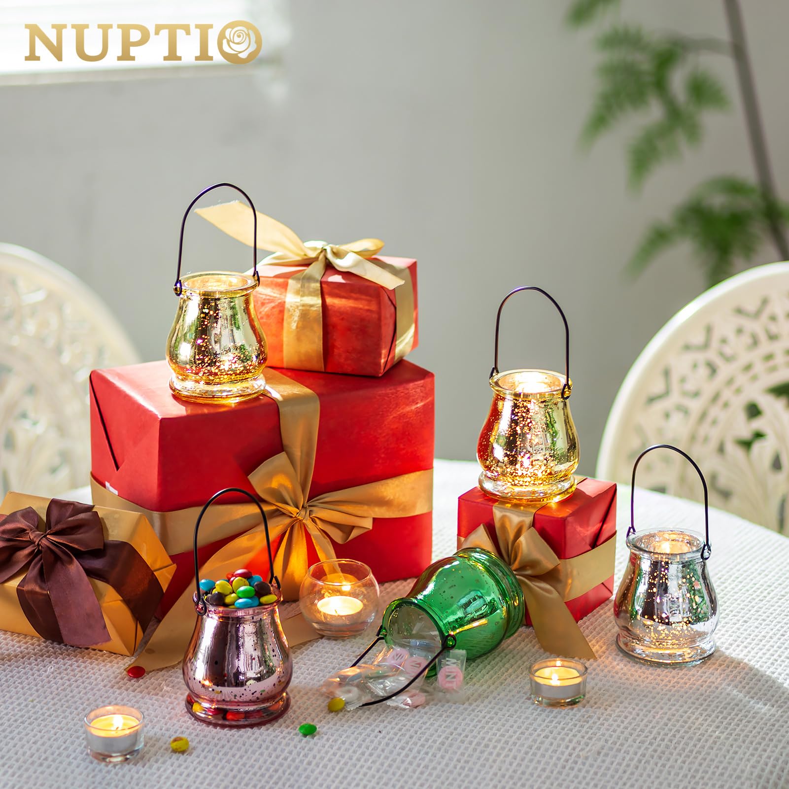 NUPTIO Portacandele Appesi Argento - 6 Pezzi Portacandele in Vetro di Mercurio Lanterna per Candele all'Aperto Piccole Sfere per Giardino Natale Matrimonio Festa Decorazioni