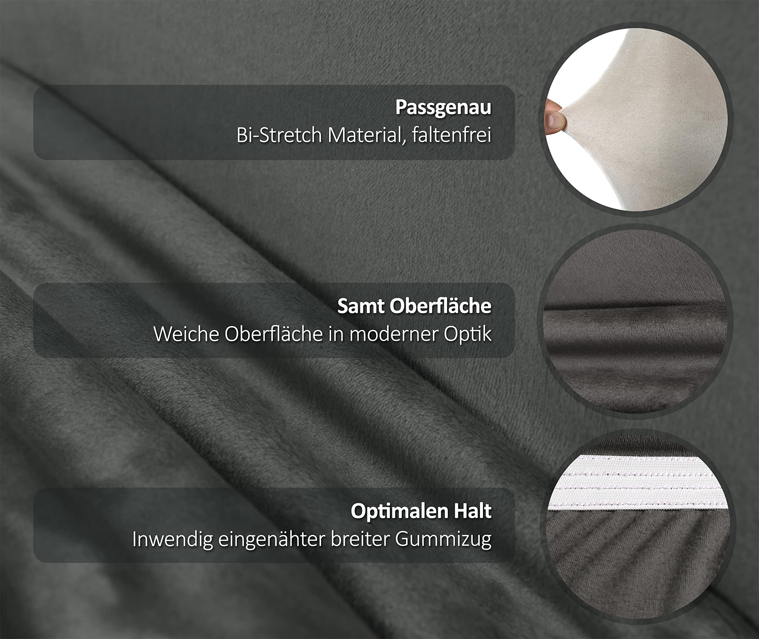 BEAUTEX Stuhlhussen Samt Stretch Stuhl & Schwingstuhl 4er Set Grau LEA | 95% Polyester, 5% Elasthan, weiche Velours-Oberfläche, Rundum-Gummizug, 30 °C waschbar, faltenarm, formstabil & langlebig