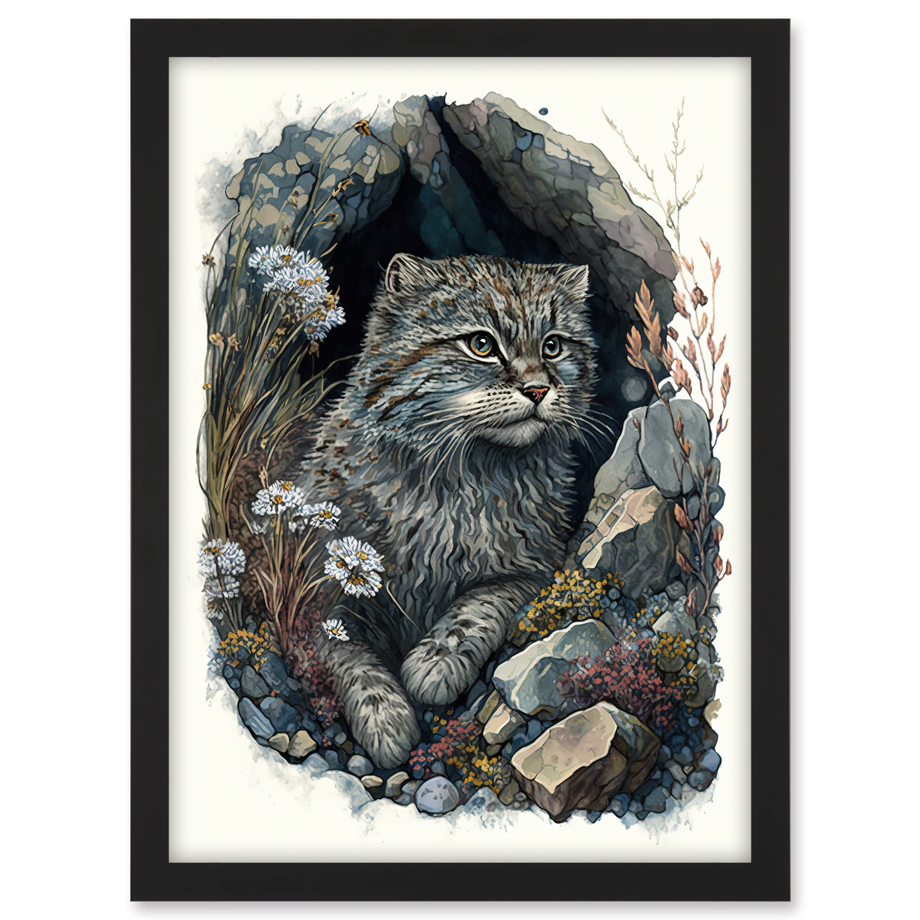 Artery8 Wild Cat in Rock Cavity with Wildflowers Detailed Watercolour Illustration Artwork Framed A3 Wall Art Print