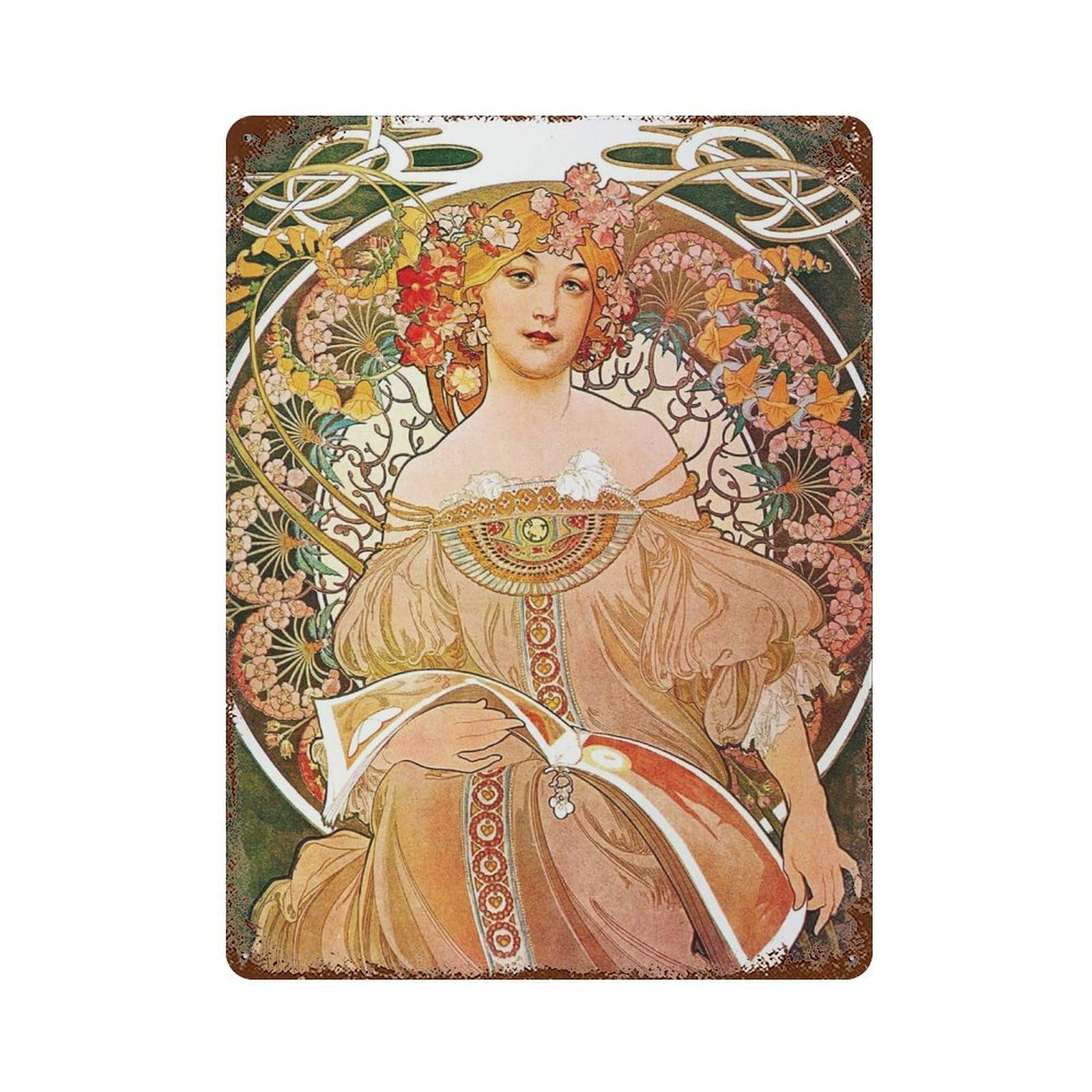 xiaoxiaoshen Alphonse Mucha Illustration, Vintage Woman Wall Decor Art Metal Tin Poster Modern Home Decor Art Home Bar Shop Decorations Vintage Sign 40x30cm
